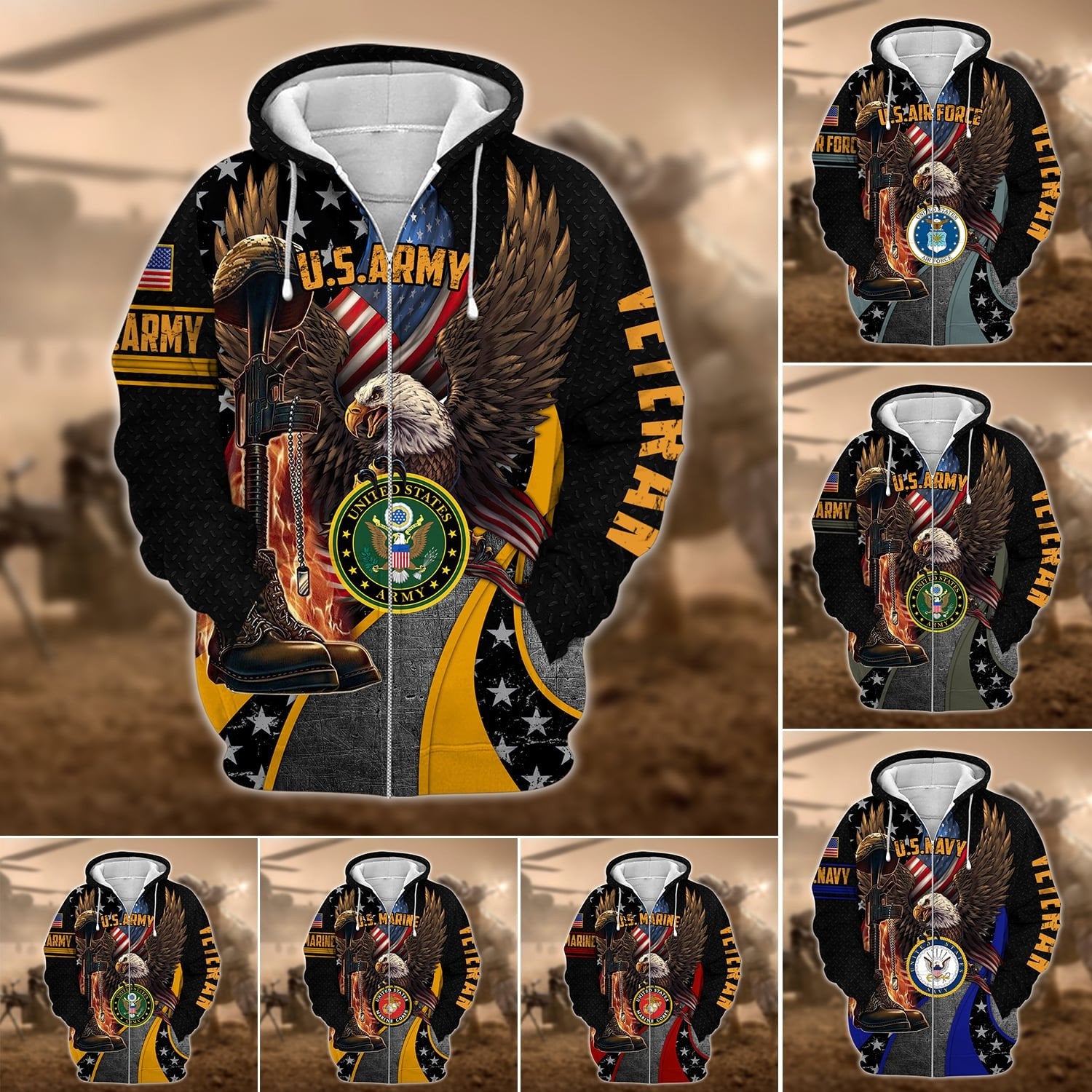 Premium Multiple US Military Services Veteran Zip Hoodie PVC211203