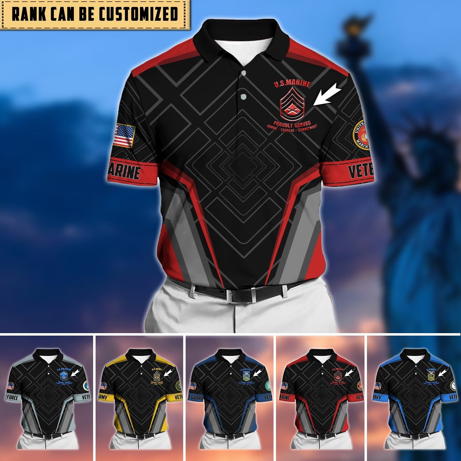 Premium Personalised U.S Multiple Service Veteran Polo Shirt PVC240205