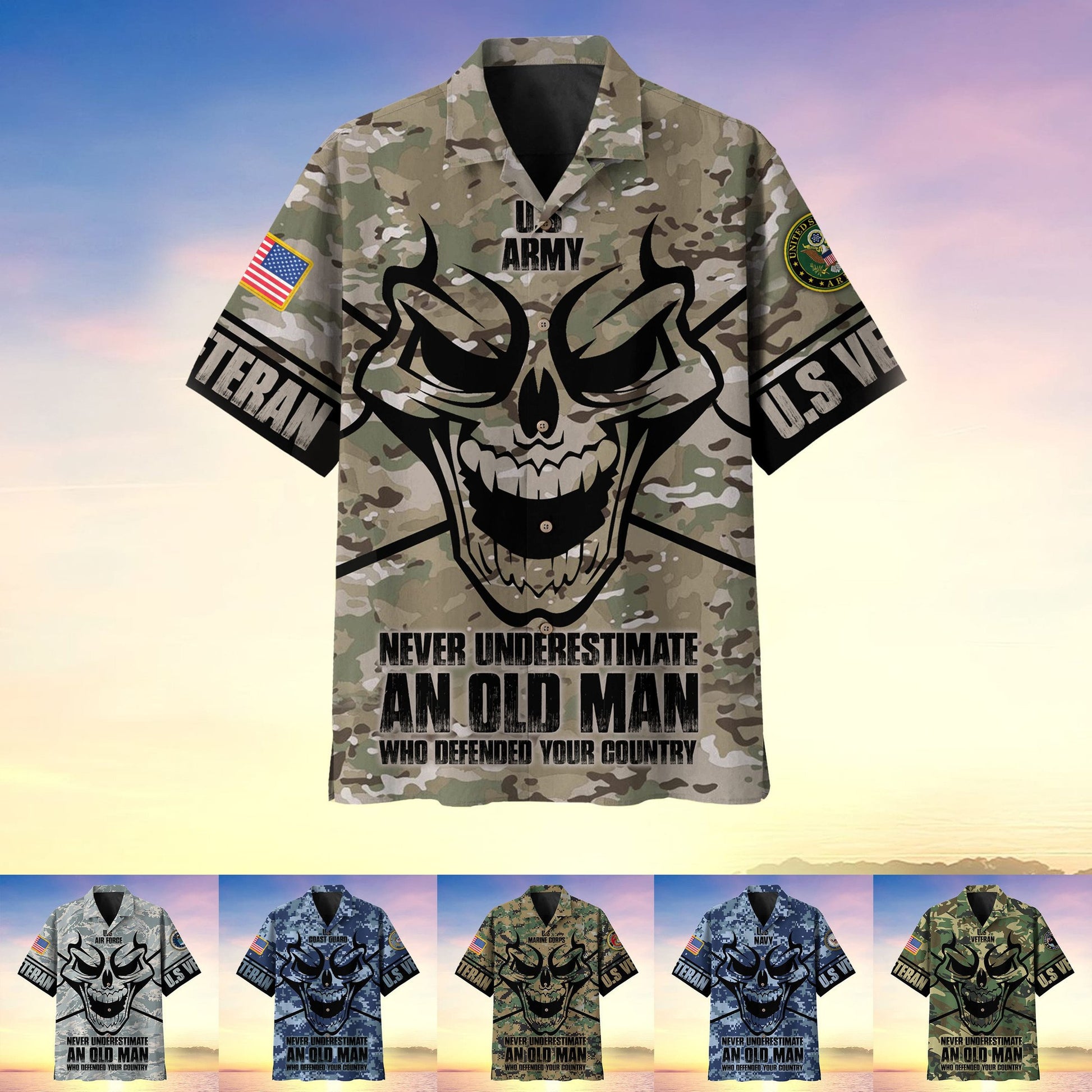 Never Underestimate An Old Man Skull US Veteran Multiservice Hawaii Shirt MH140603