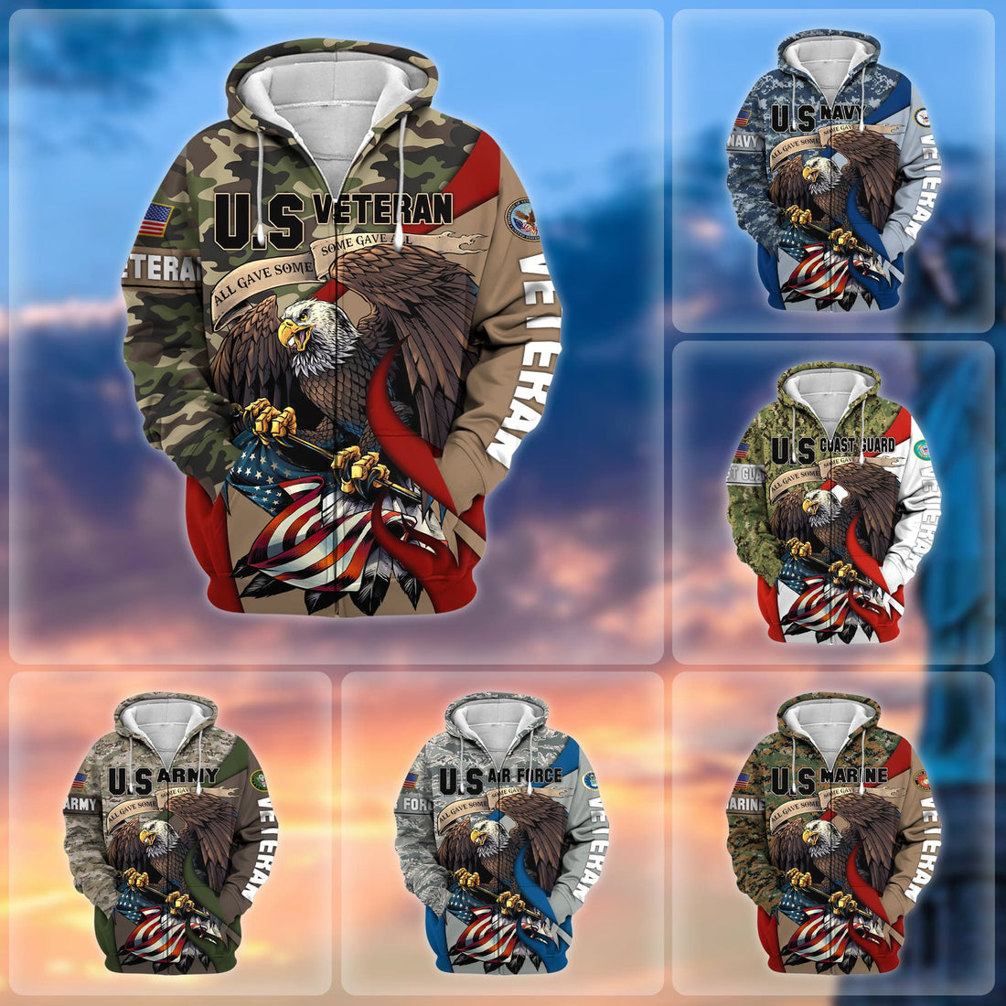 Premium Camo Soldiers Multiservice US Veteran Zip Hoodie NPVC140209