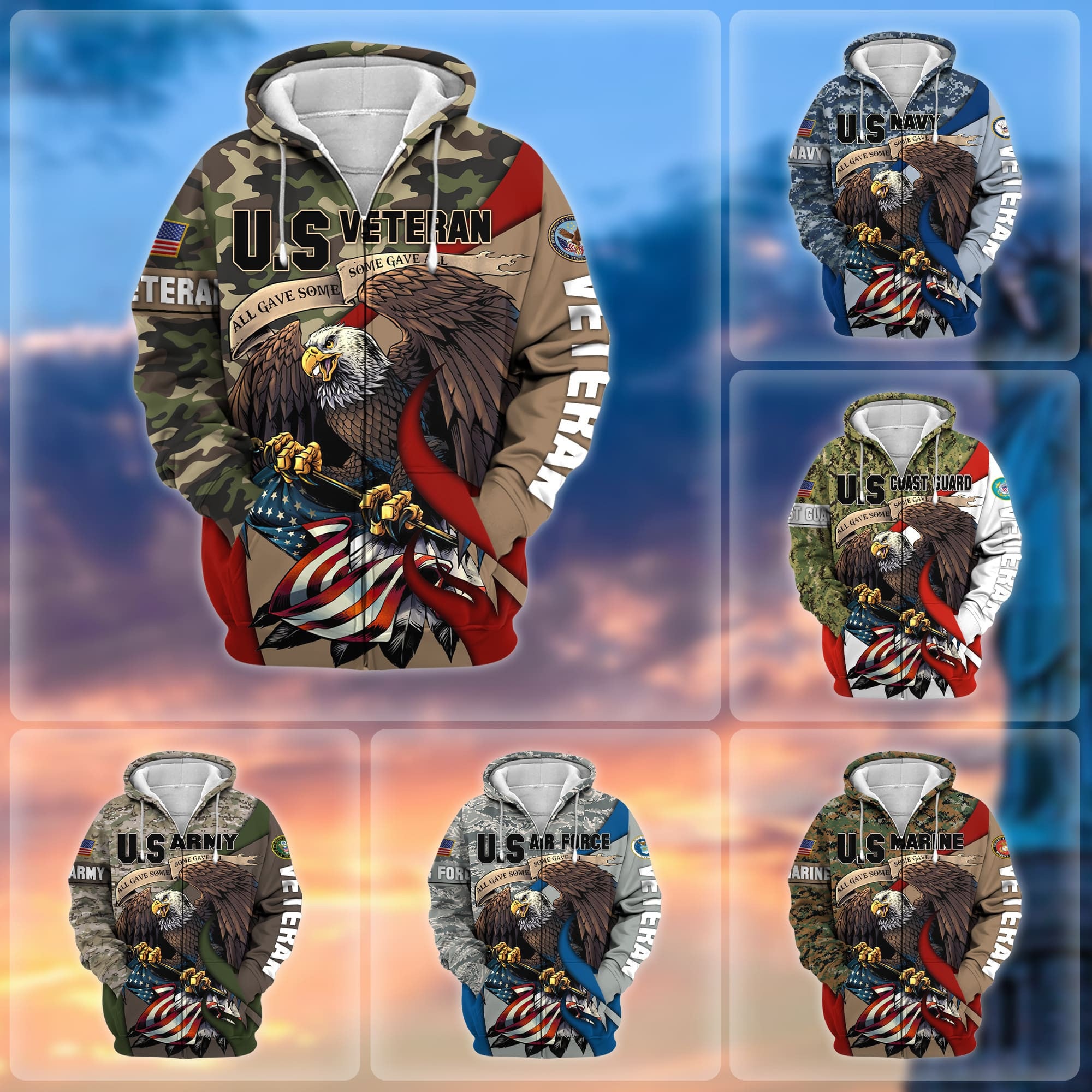 Premium Camo Soldiers Multiservice US Veteran Zip Hoodie NPVC140209