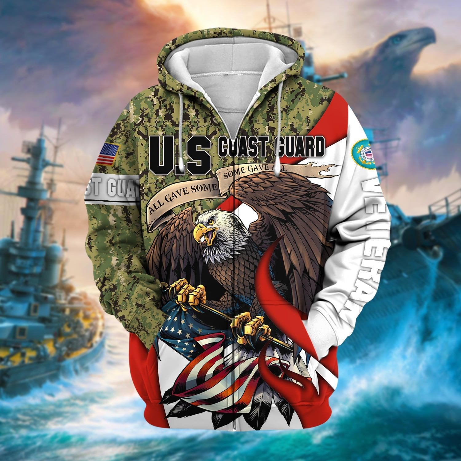 Premium Camo Soldiers Multiservice US Veteran Zip Hoodie NPVC140209