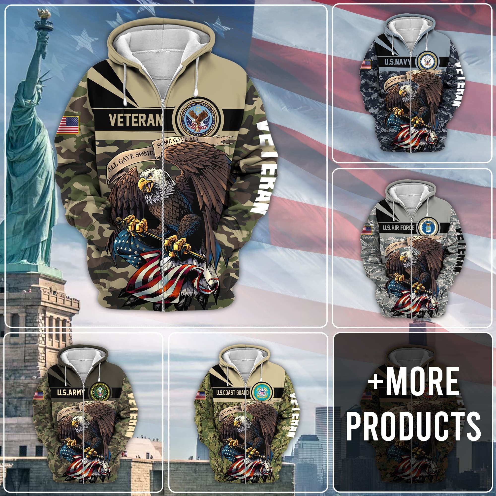 Premium Camo Soldiers Multiservice US Veteran Zip Hoodie NPVC160801