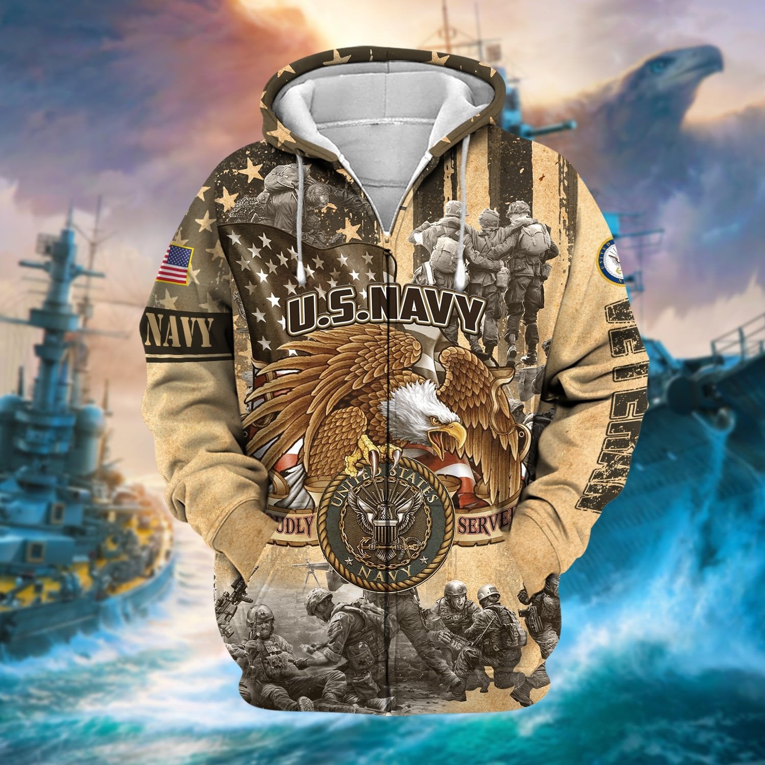 Premium Proudly Served Multiservice US Veteran Zip Hoodie NPVC271002