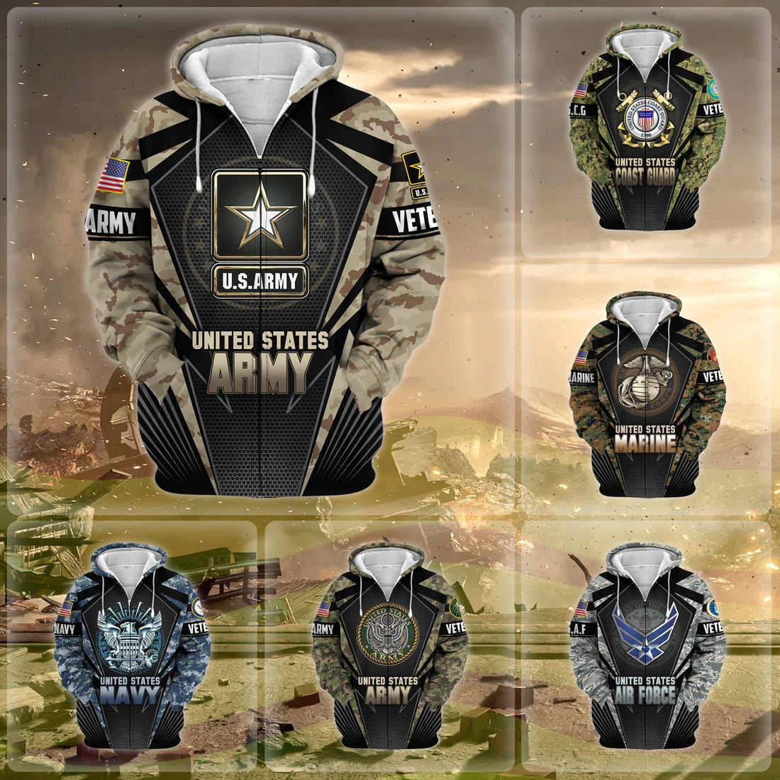Unique Camo Soldiers US Veteran Zip Hoodie NPVC251110