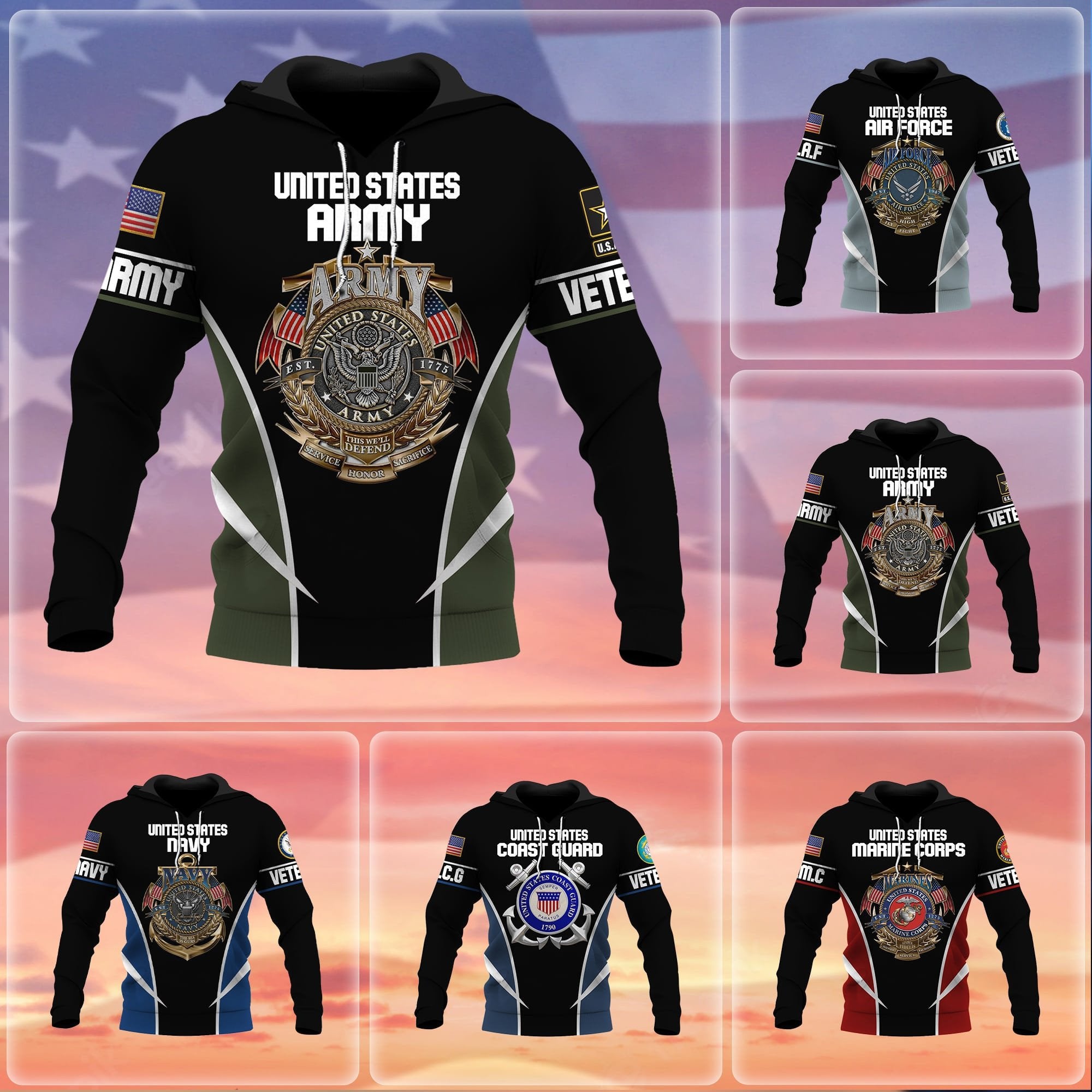 Premium Multiple US Military Services Veteran Hoodie NPVC221101