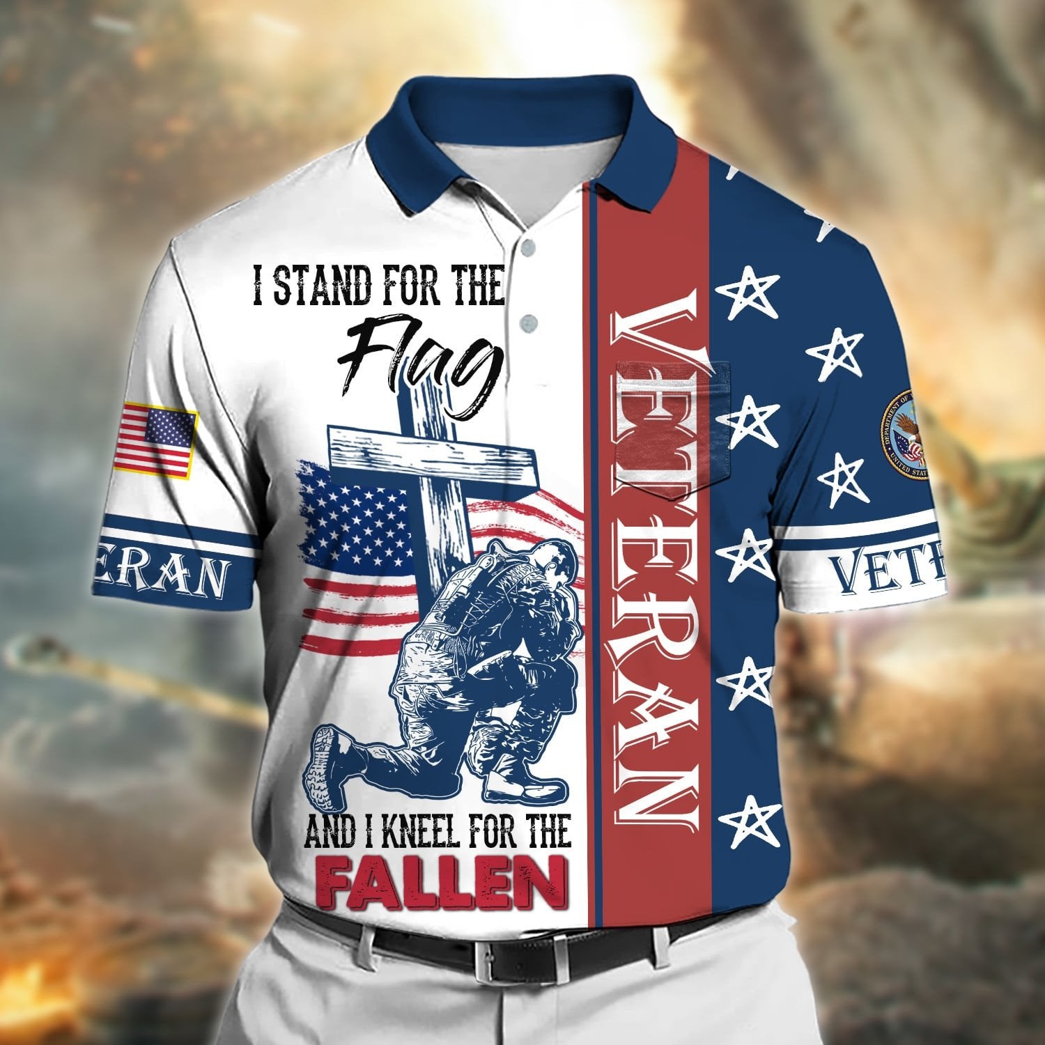 Premium I Stand For The Flag And I Kneel For The Fallen US Veteran Polo Shirt With Pocket NPVC170401