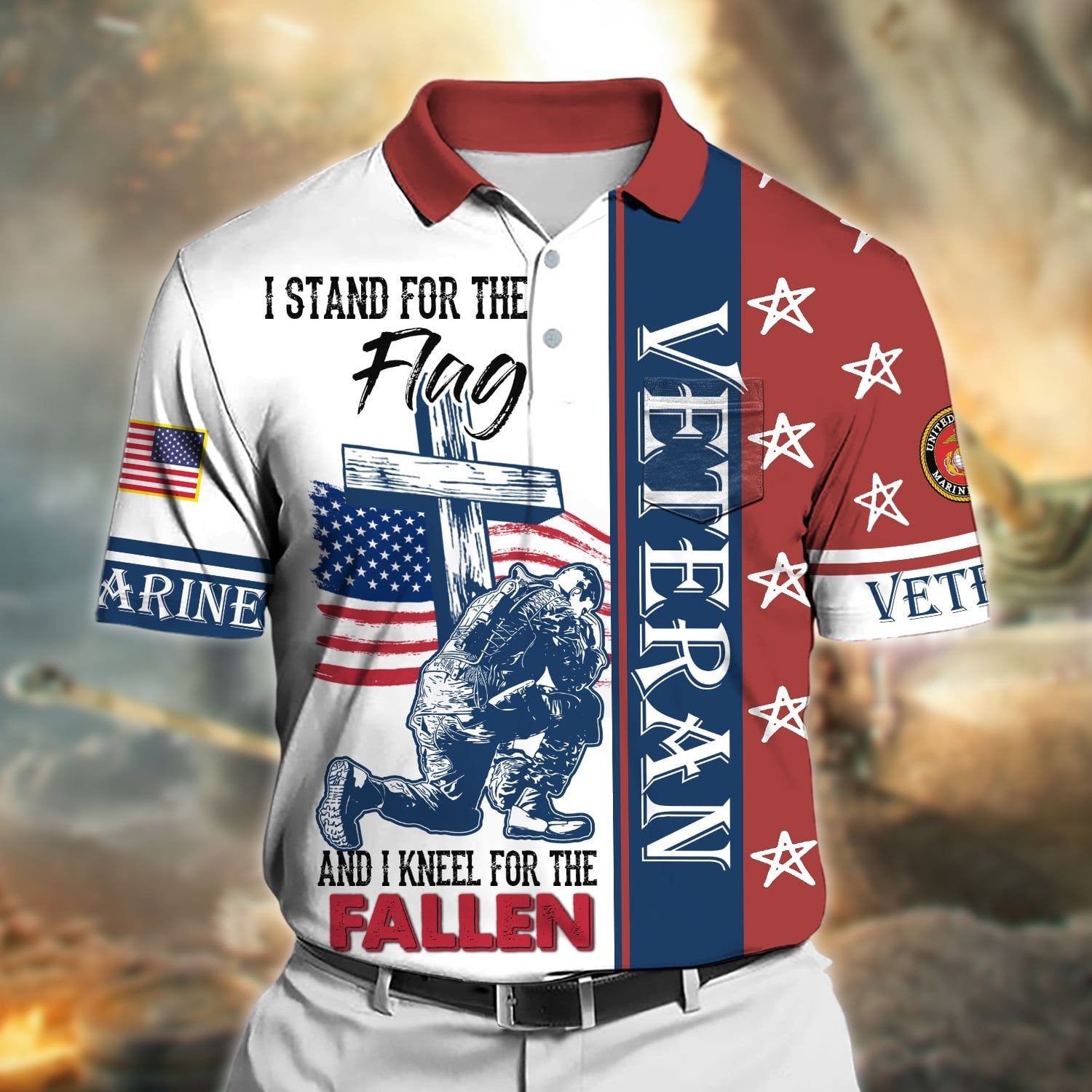 Premium I Stand For The Flag And I Kneel For The Fallen US Veteran Polo Shirt With Pocket NPVC170401