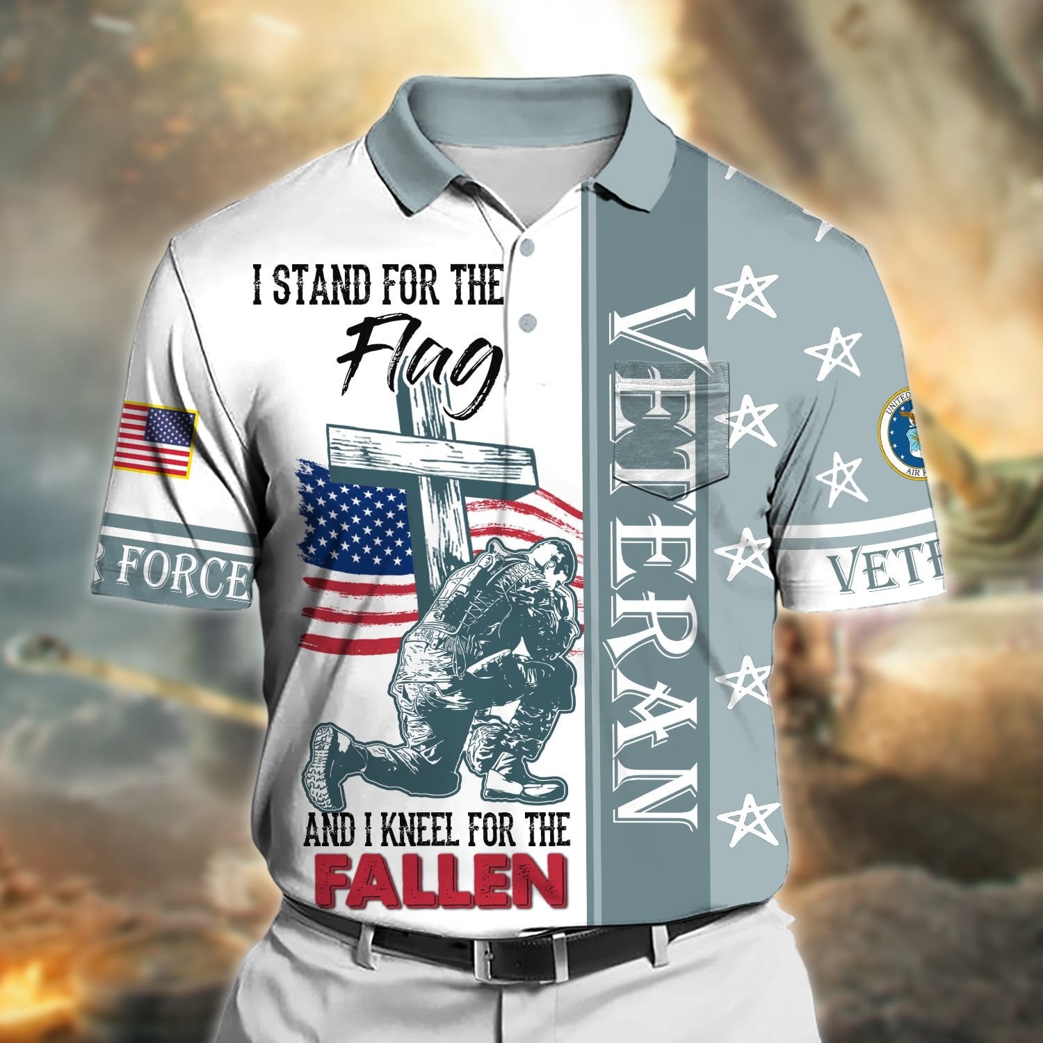 Premium I Stand For The Flag And I Kneel For The Fallen US Veteran Polo Shirt With Pocket NPVC170401