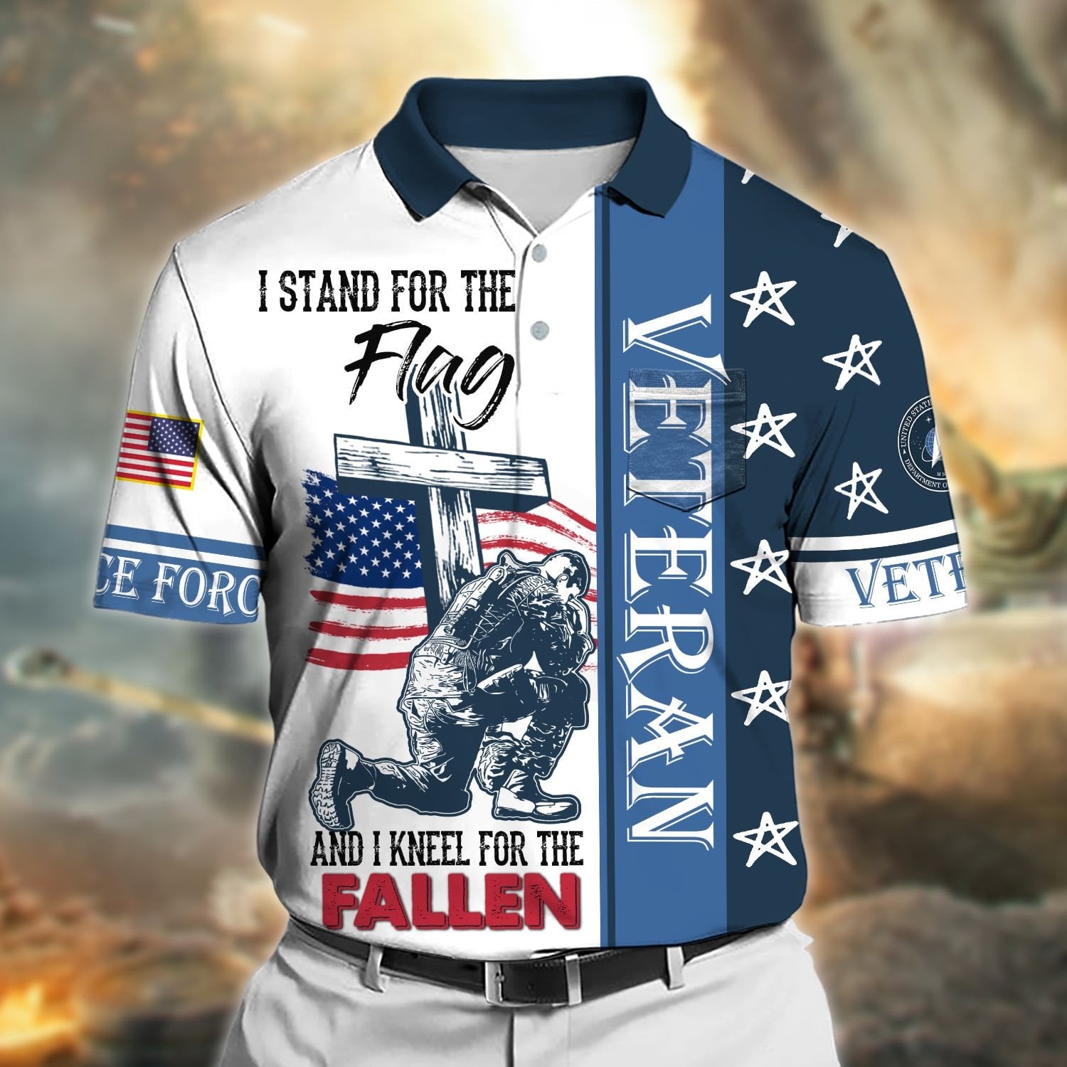Premium I Stand For The Flag And I Kneel For The Fallen US Veteran Polo Shirt With Pocket NPVC170401
