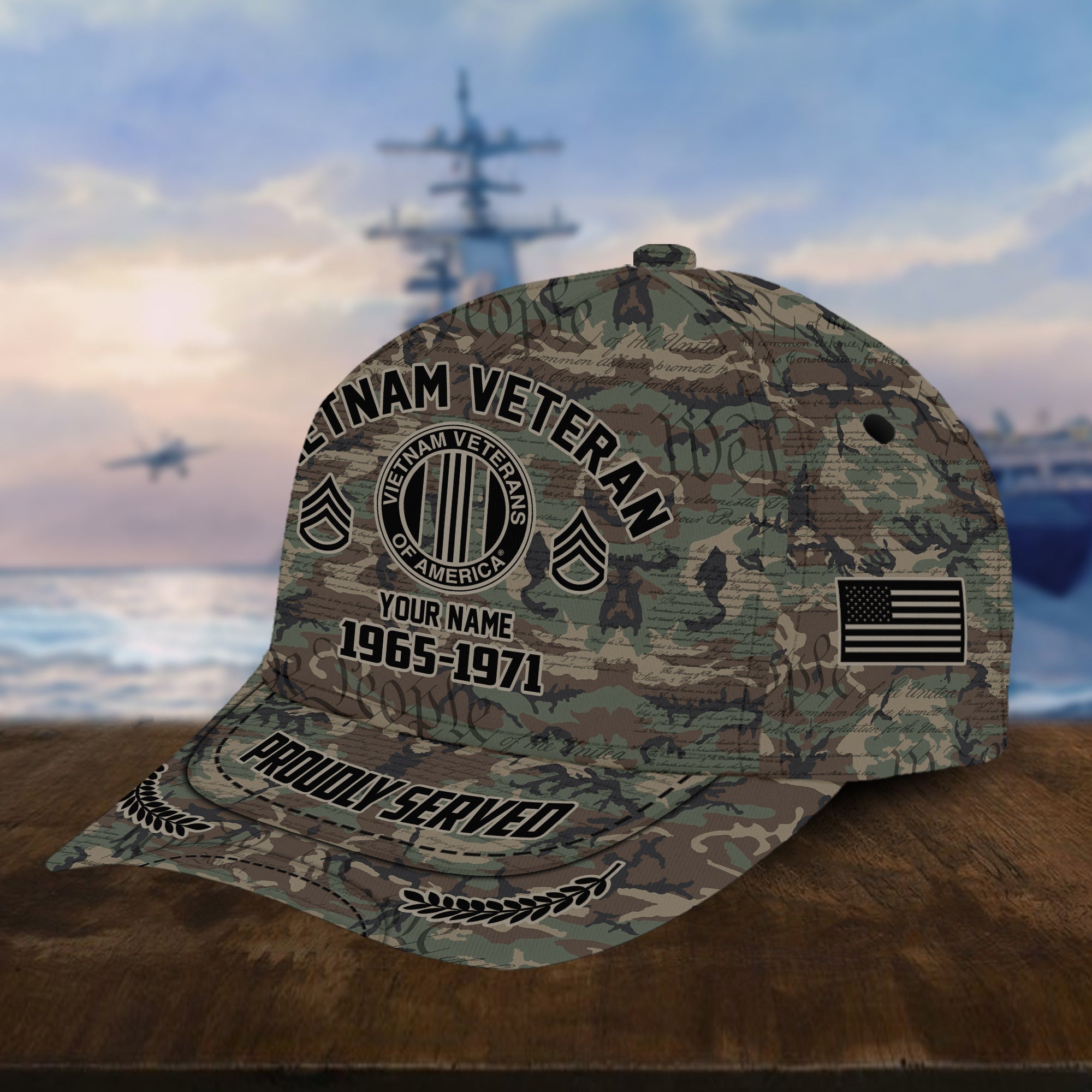 Personalized Camo Combat Vietnam Veteran Hat: Custom Military Rank Name Year and Ball Cap Printing VPVC001006