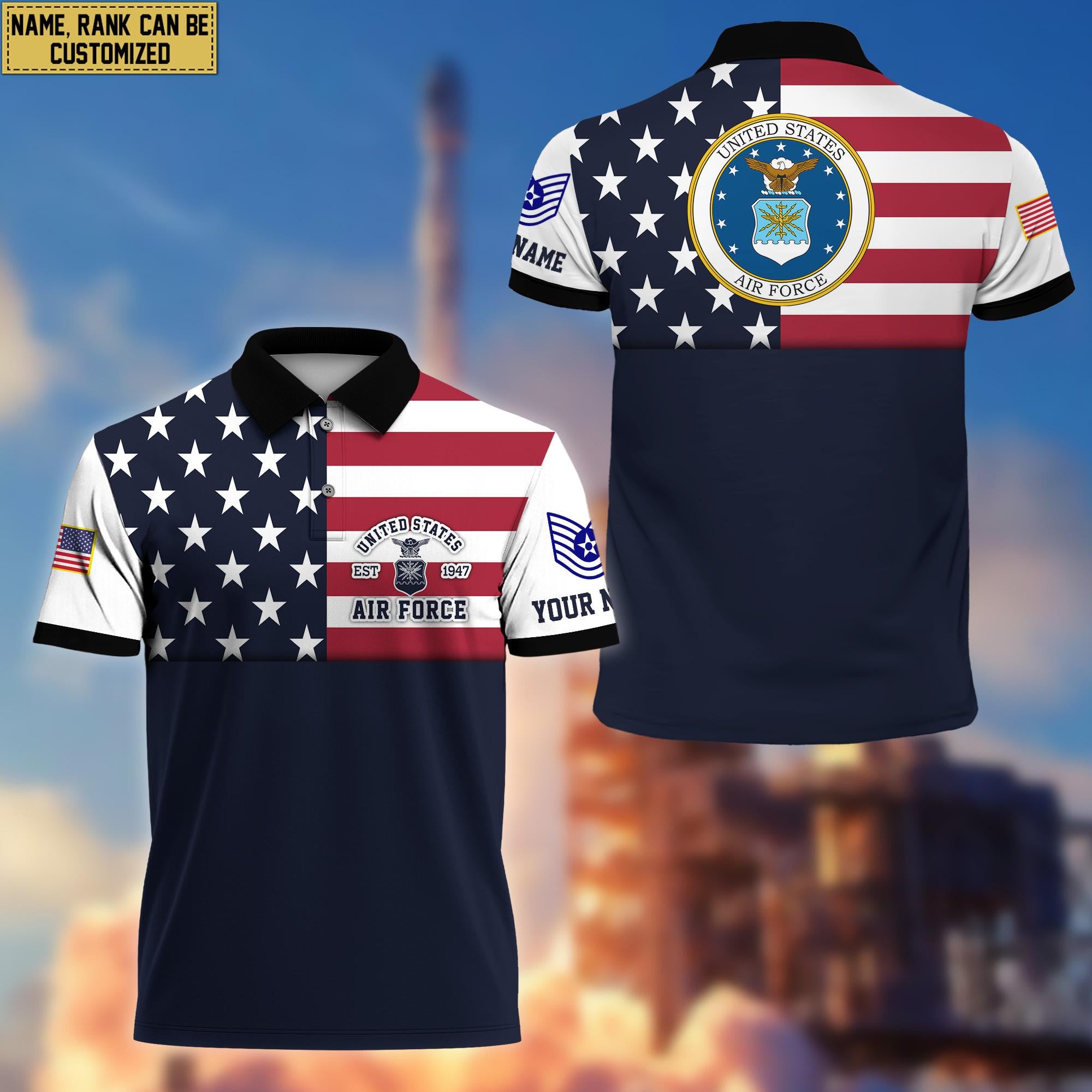 USAF Veteran Polo Shirt, Custom Name, Rank Gift For US Air Force Veteran VPVC200504