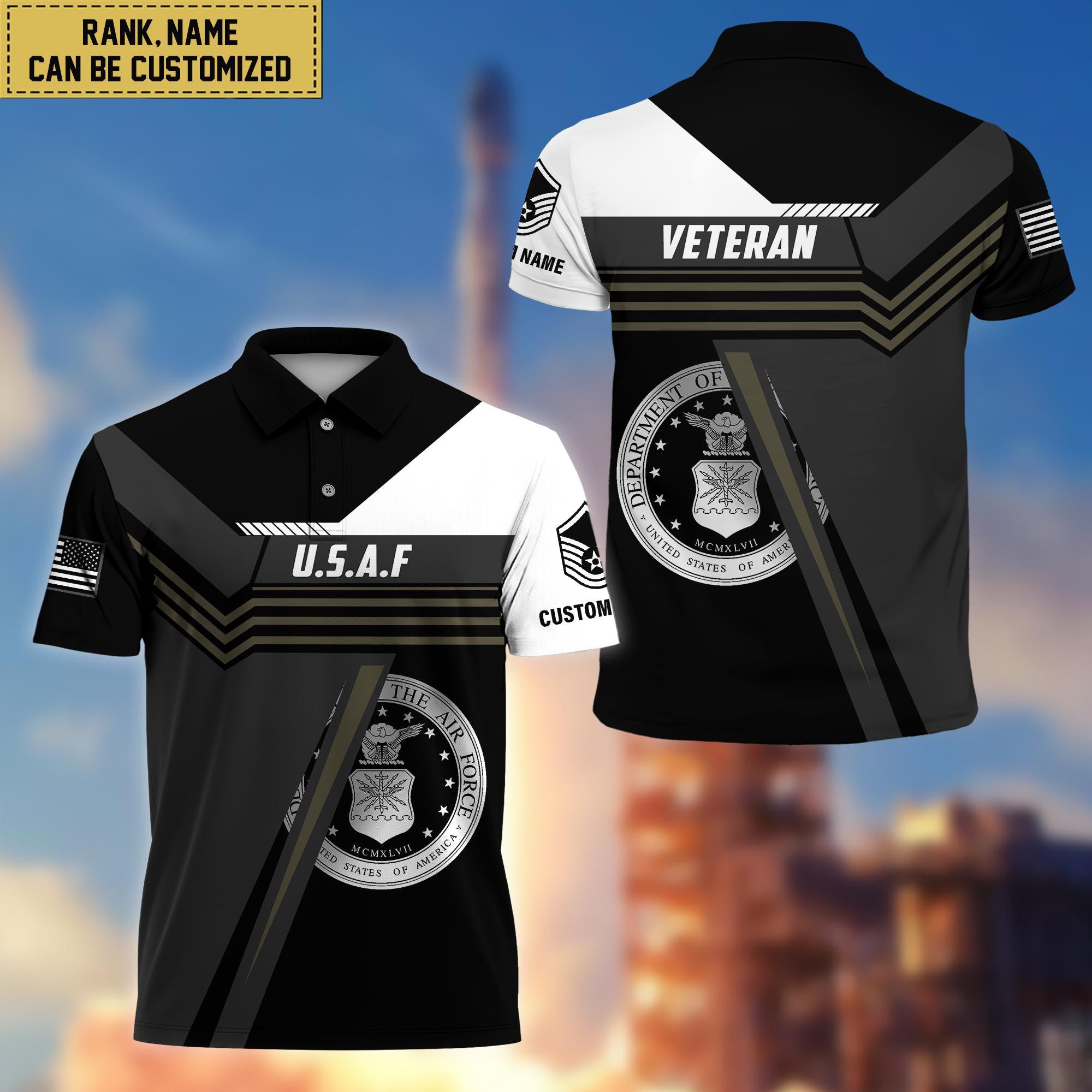 Custom USAF Polo Shirt, Custom Name, Rank, Gift for Air Force Veteran VPVC201804