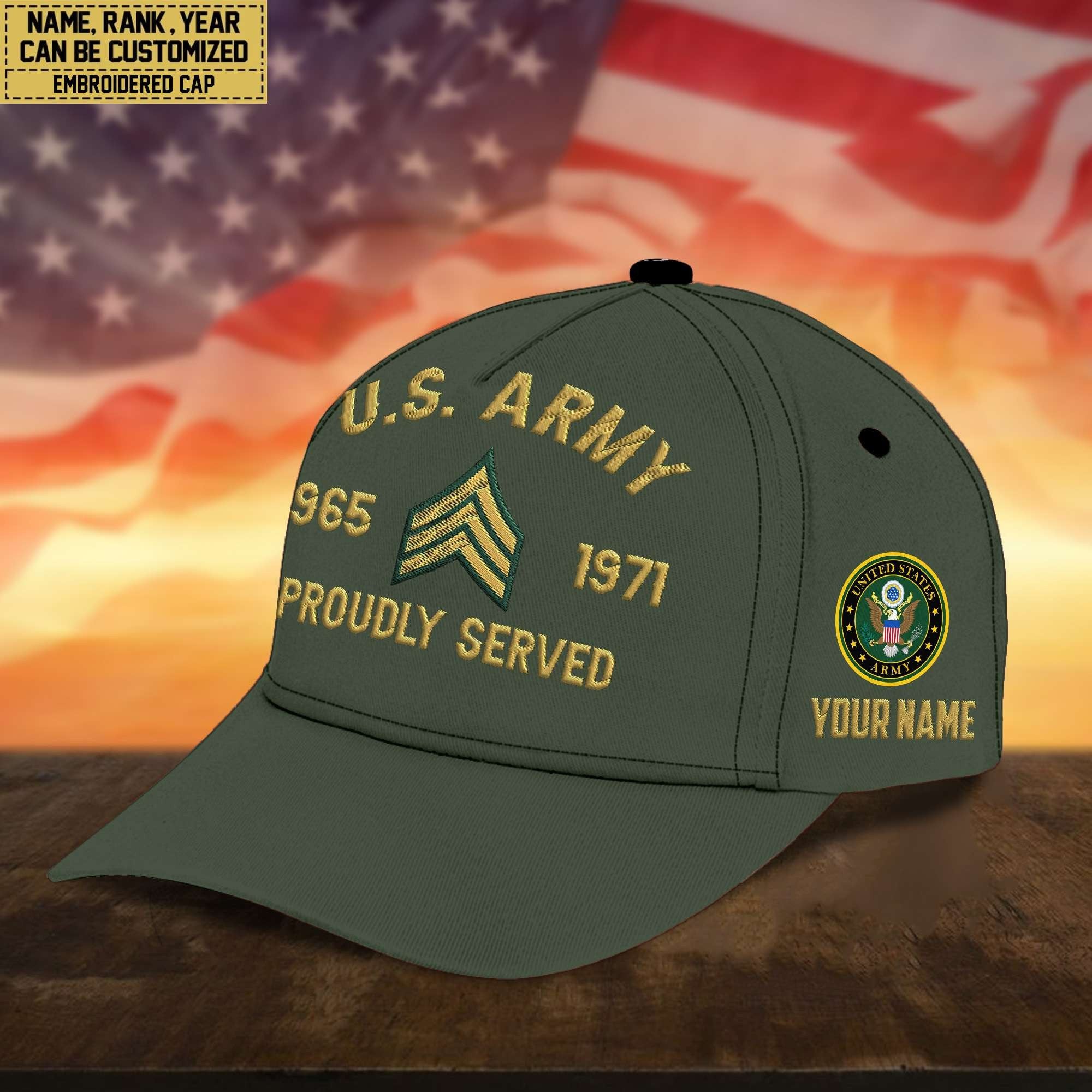Premium Custom Name, Rank, US Army Embroidered Cap, Hat for Army Veteran, Gifts for Father's Day, Veterans Day VPVC300501