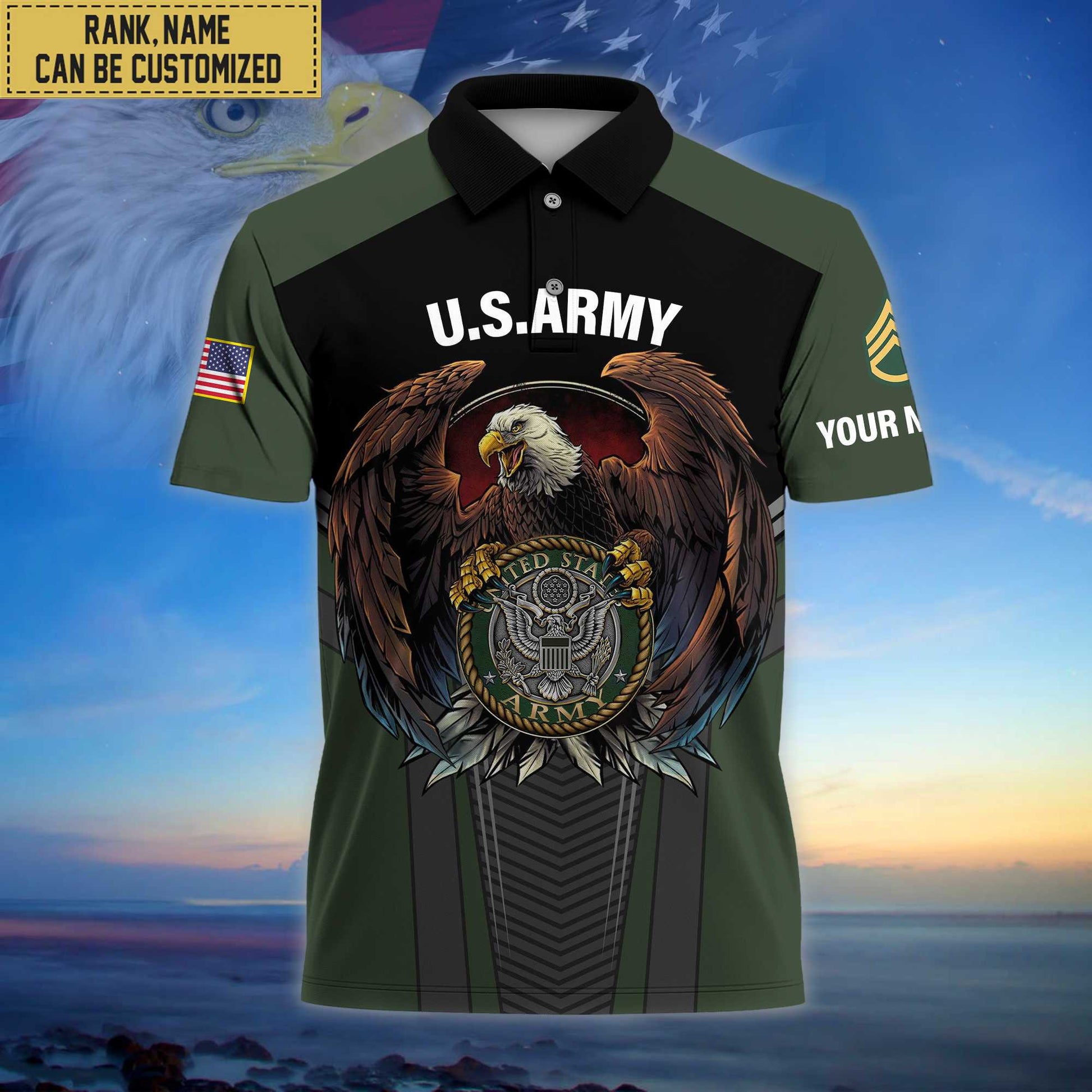 Premium Custom Name, Rank US Army Polo Shirt, Gifts for Army Veteran VPVC202501