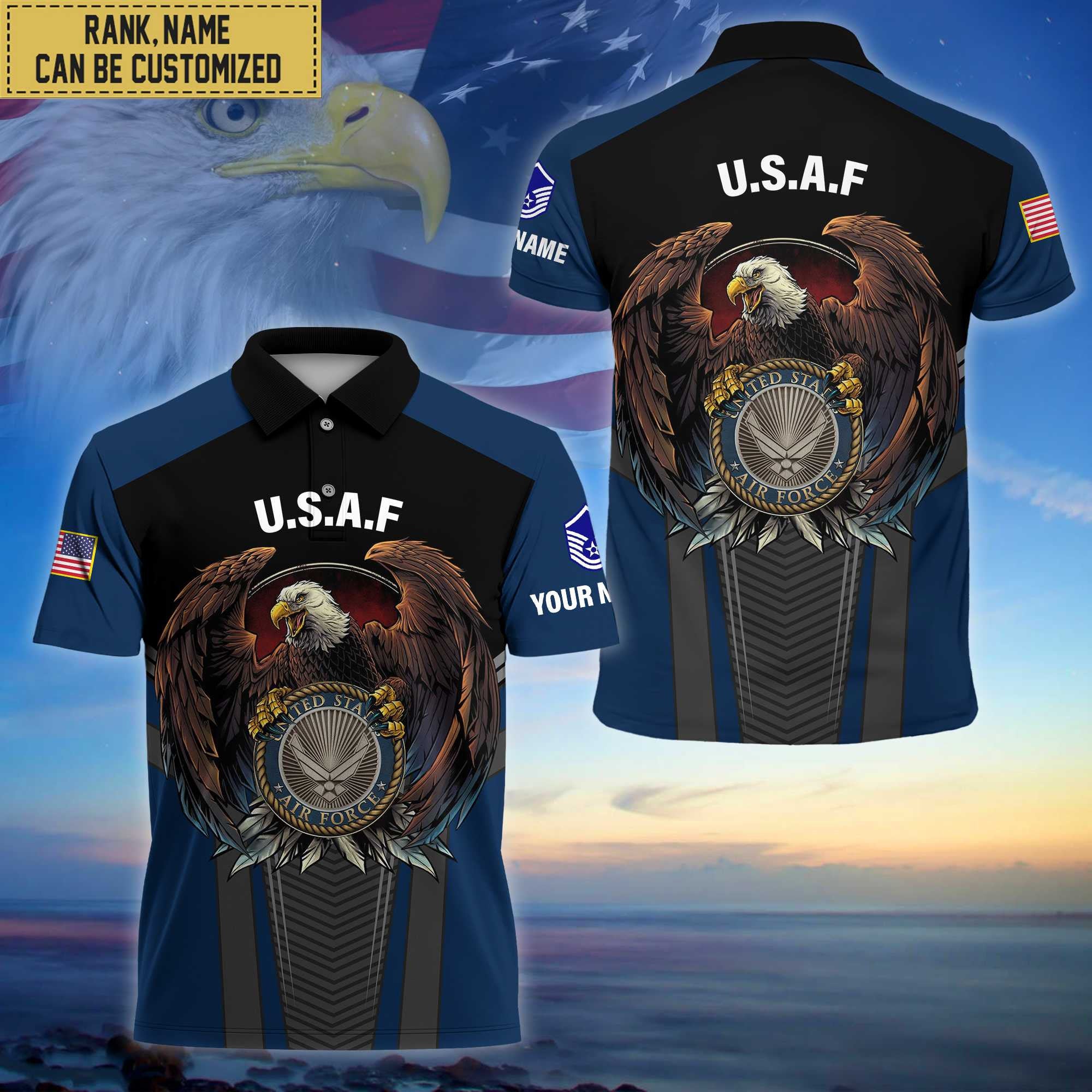 Premium Custom Name, Rank USAF Polo Shirt, Gifts for Air Force Veteran VPVC202504