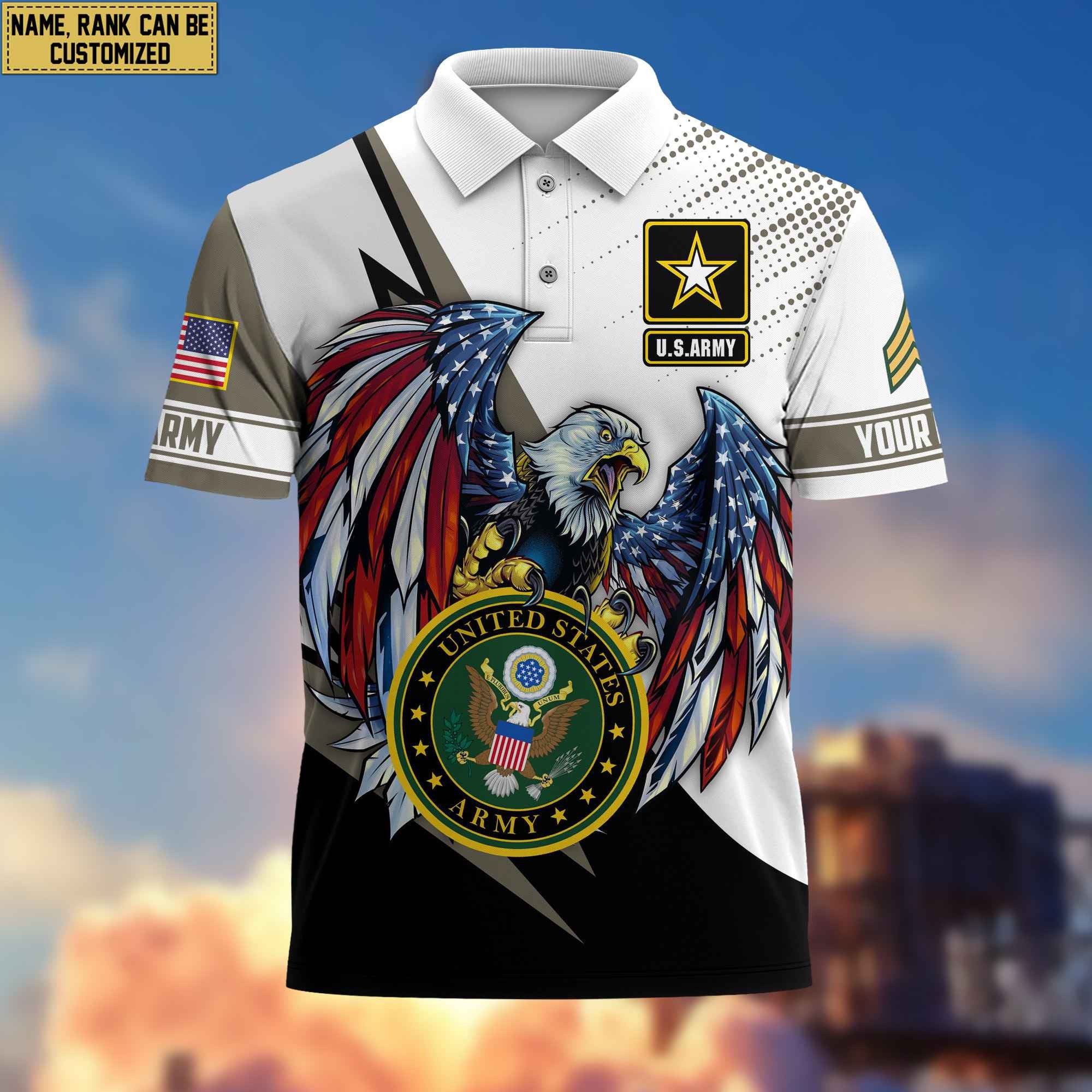 Premium US Army Polo Shirt, Custom Name, Rank Gift For Army Veteran VPVC204201