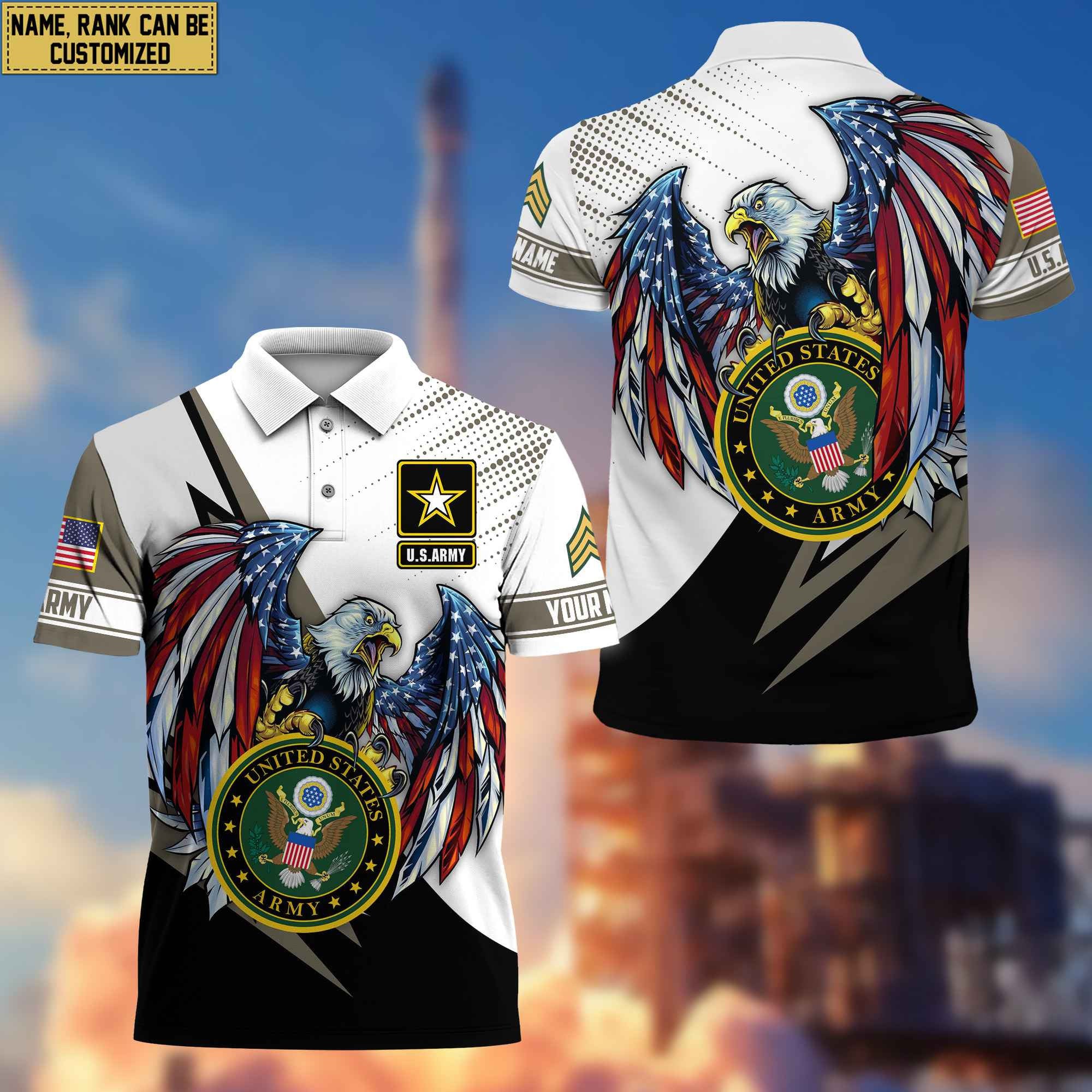 Premium US Army Polo Shirt, Custom Name, Rank Gift For Army Veteran VPVC204201