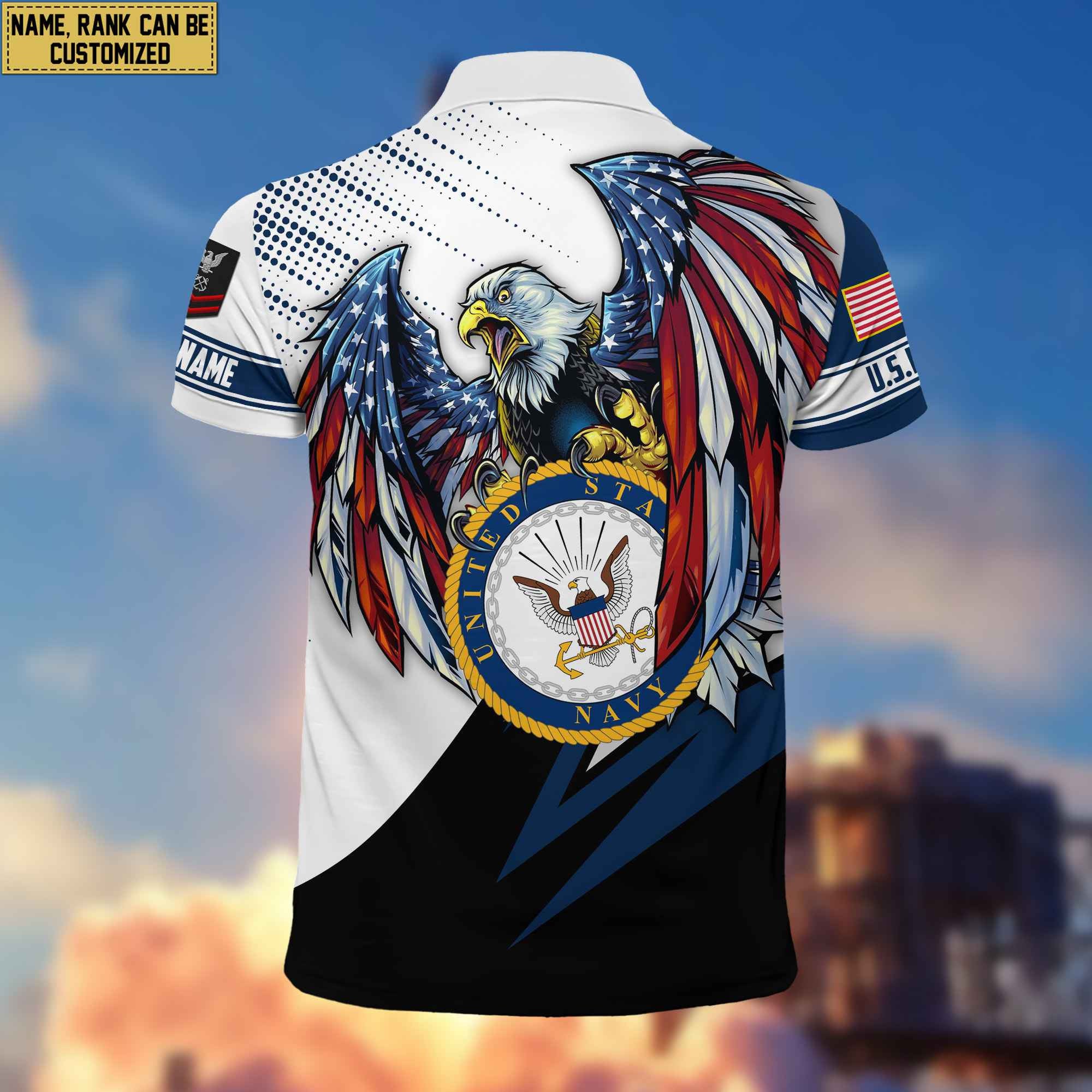Premium US Navy Polo Shirt, Custom Name, Rank Gift For Navy Veteran VPVC204202