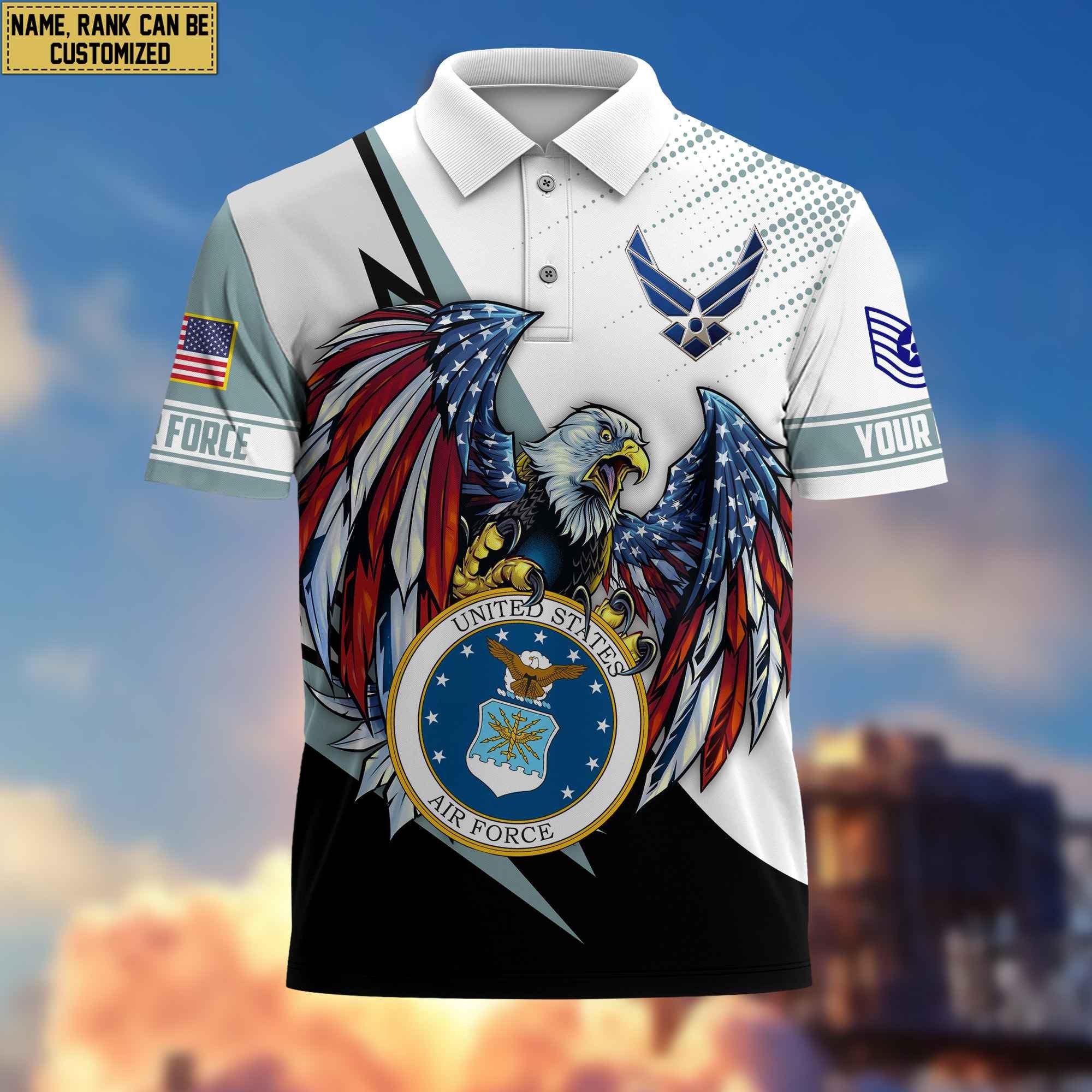 Premium USAF Polo Shirt, Custom Name, Rank Gift For Air Force Veteran VPVC204204