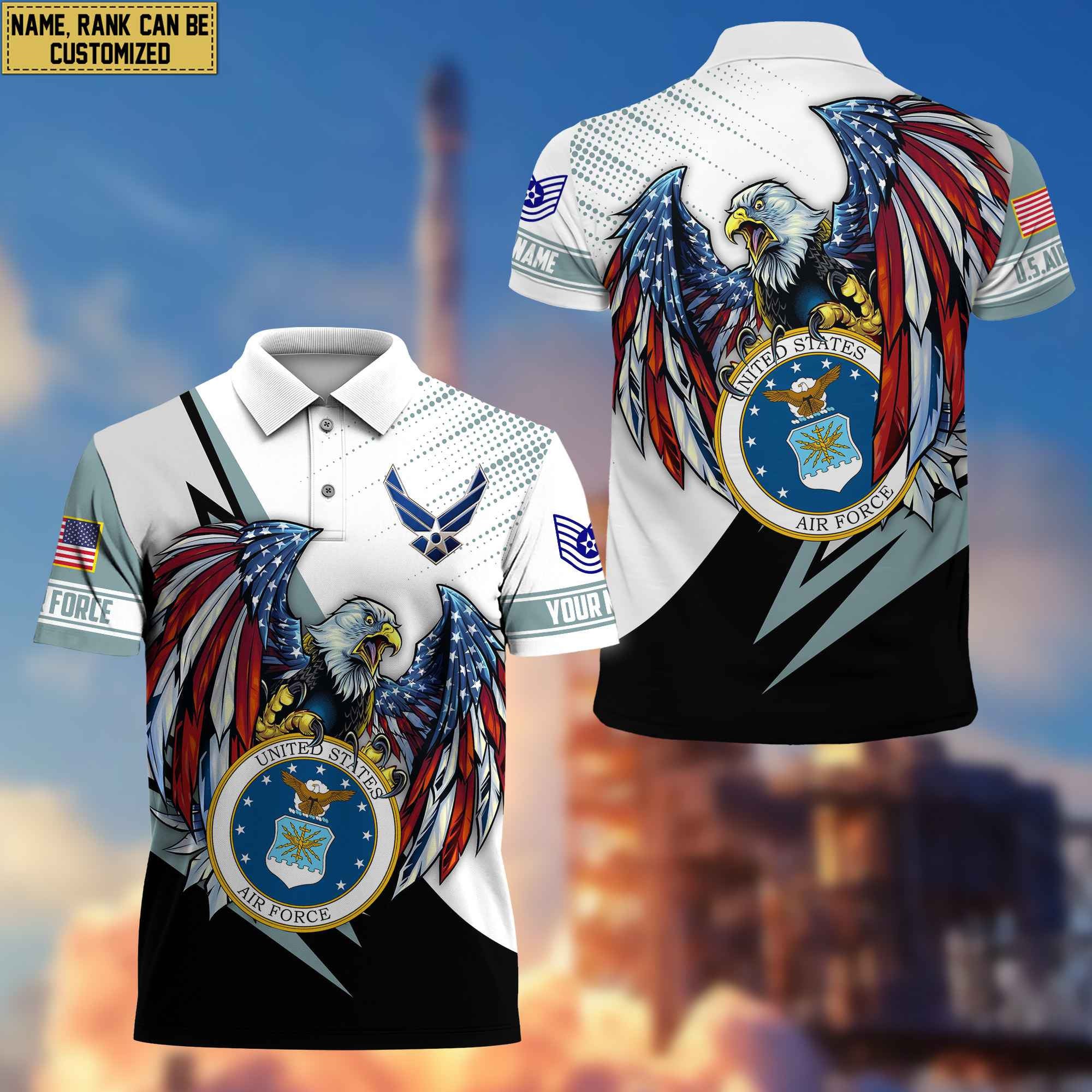 Premium USAF Polo Shirt, Custom Name, Rank Gift For Air Force Veteran VPVC204204