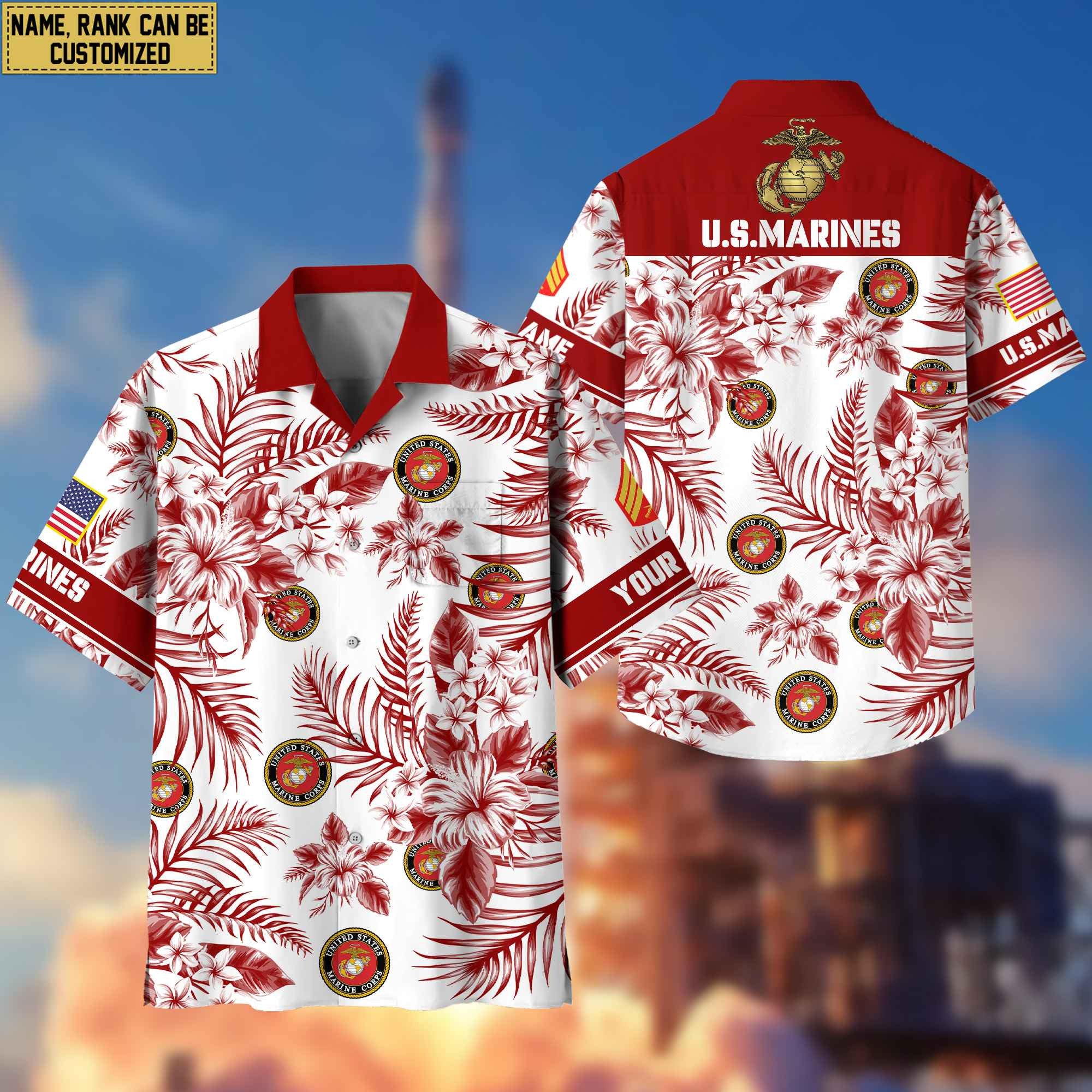 Custom Rank, Name, USMC Hawaii Shirt With Pocket, Gifts For Dad, For Husband Marine Veteran VPVC400603