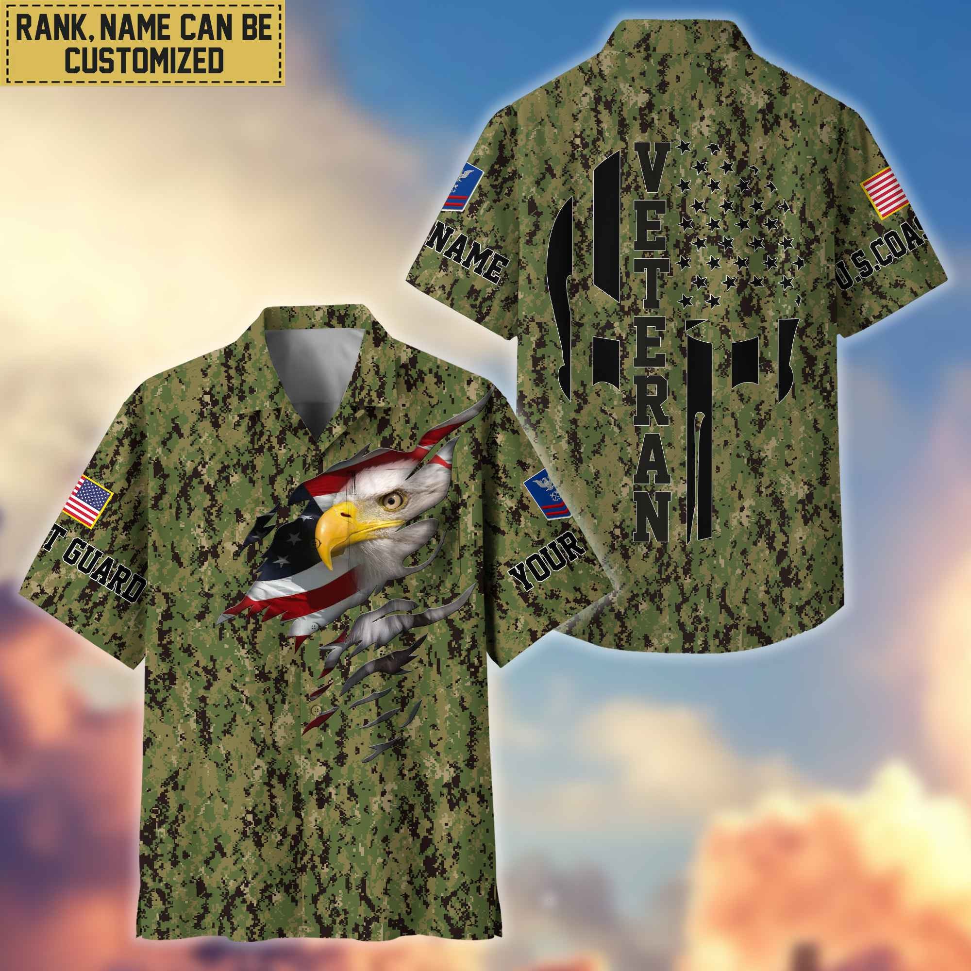 Premium Custom Name, Rank USCG Veteran Hawaiian Shirt With Pocket, Gifts For Dad, For Husband, Gifts For US Coast Guard Veteran VPVC403705