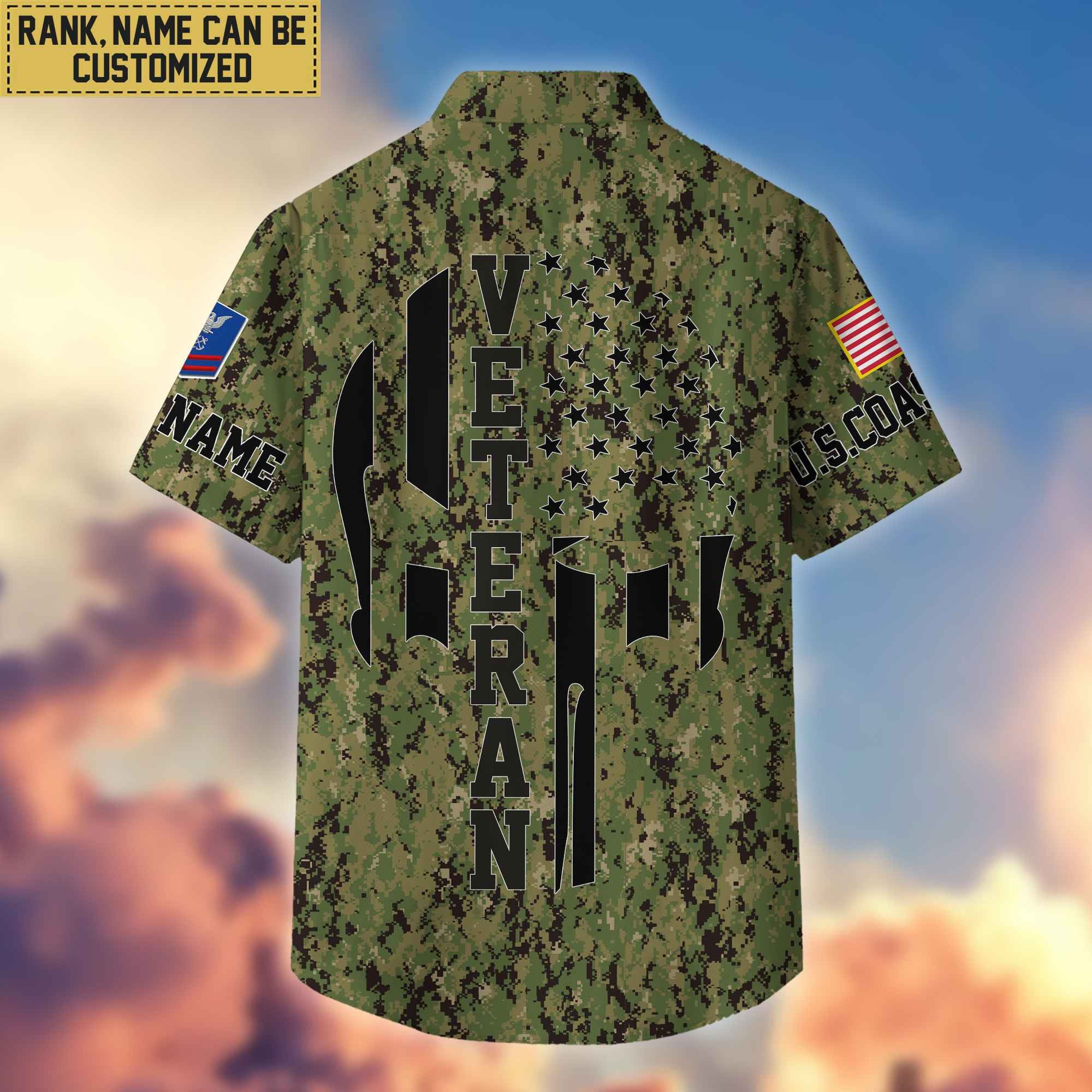 Premium Custom Name, Rank USCG Veteran Hawaiian Shirt With Pocket, Gifts For Dad, For Husband, Gifts For US Coast Guard Veteran VPVC403705