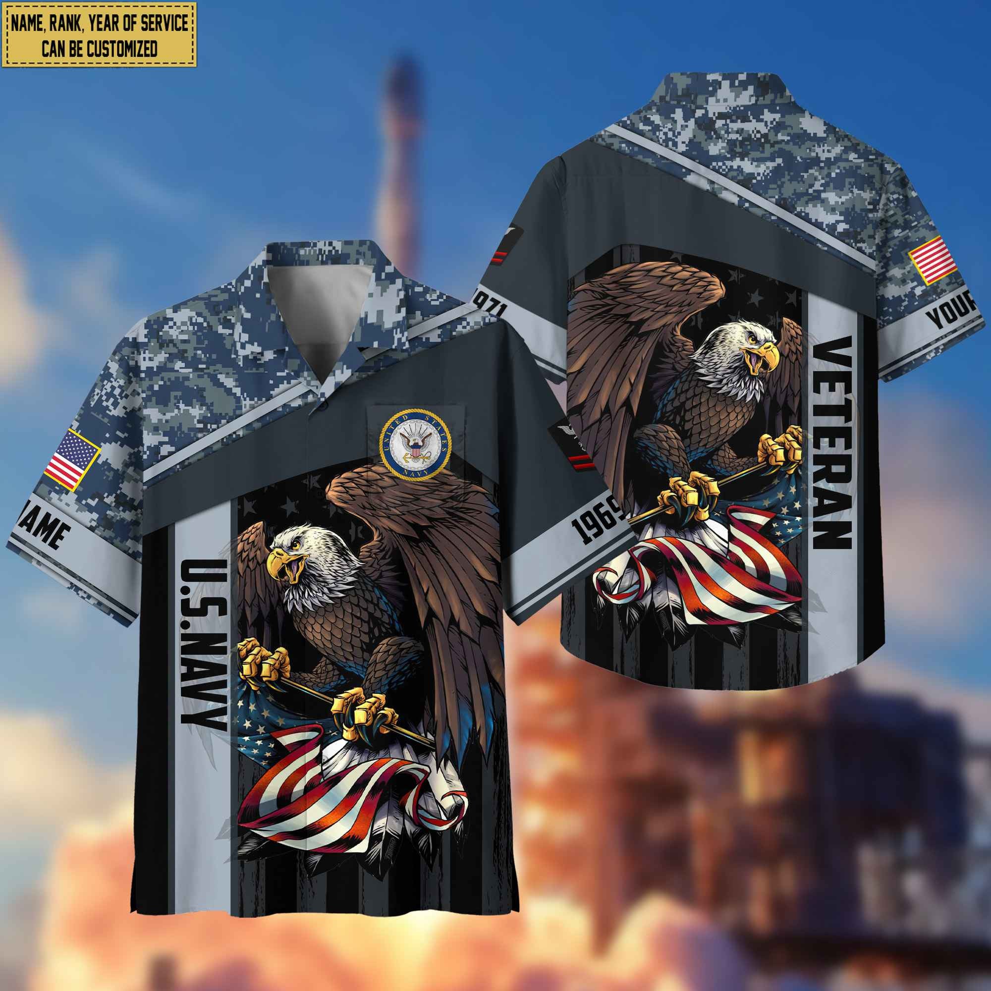 Premium Custom Name, Rank US Navy Hawaiian Shirt With Pocket, Gifts For Dad, For Husband, Gifts For Navy Veteran VPVC402502