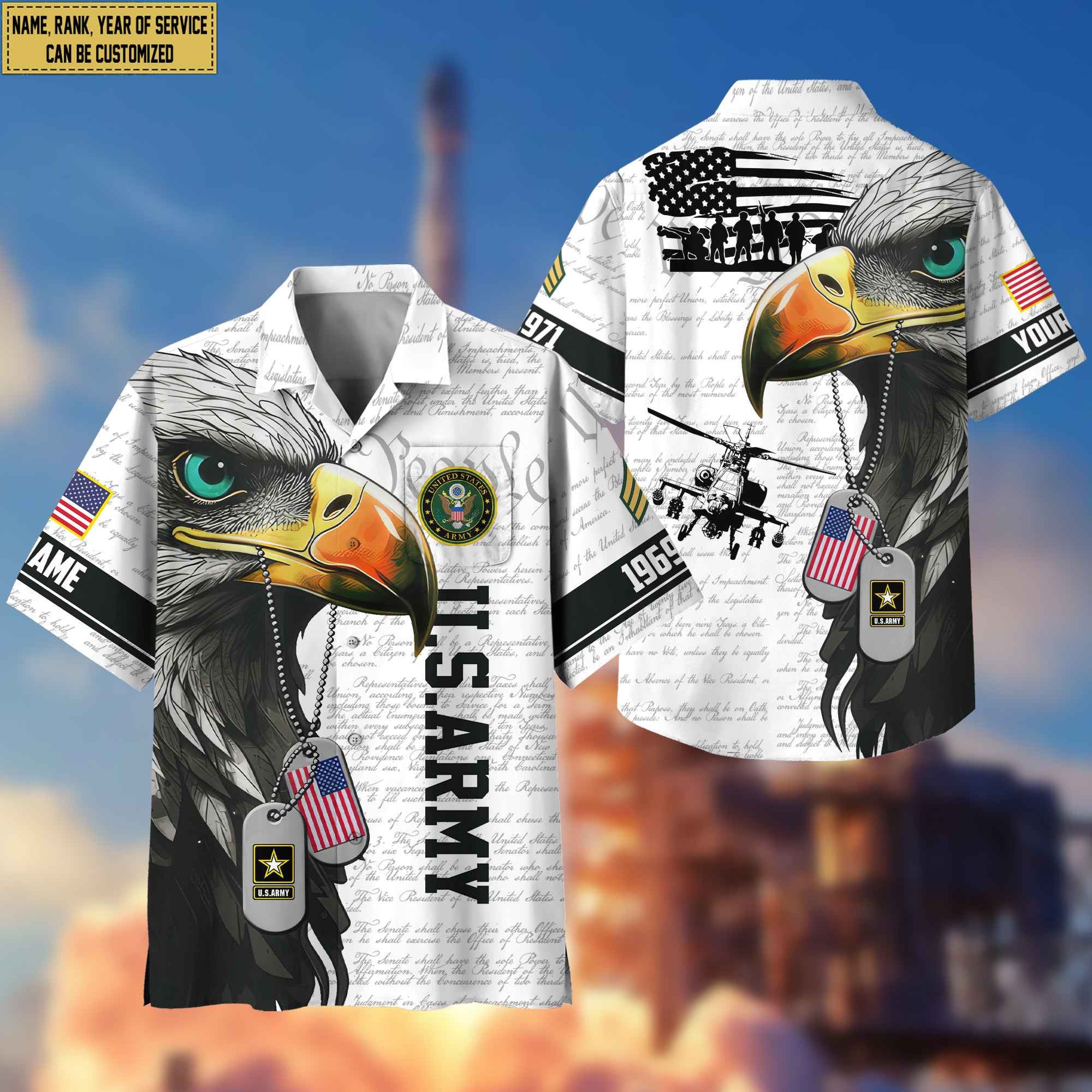Premium Custom Rank, Name, Year US Army Hawaiian Shirt With Pocket, Gifts for Army Veteran, Gifts For Dad, For Husband VPVC403201