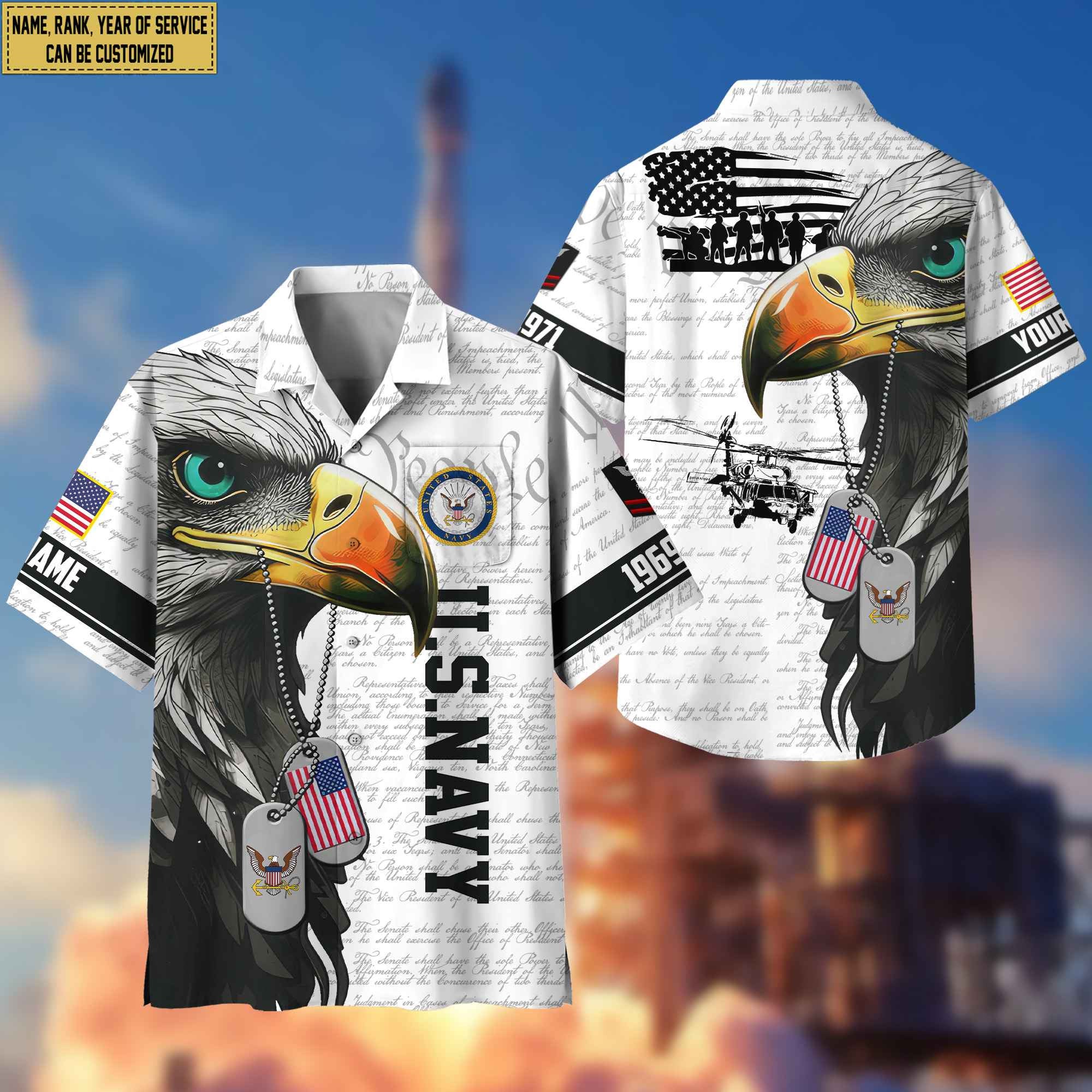 Premium Custom Rank, Name, Year US Navy Hawaiian Shirt With Pocket, Gifts for Navy Veteran, Gifts For Dad, For Husband VPVC403202