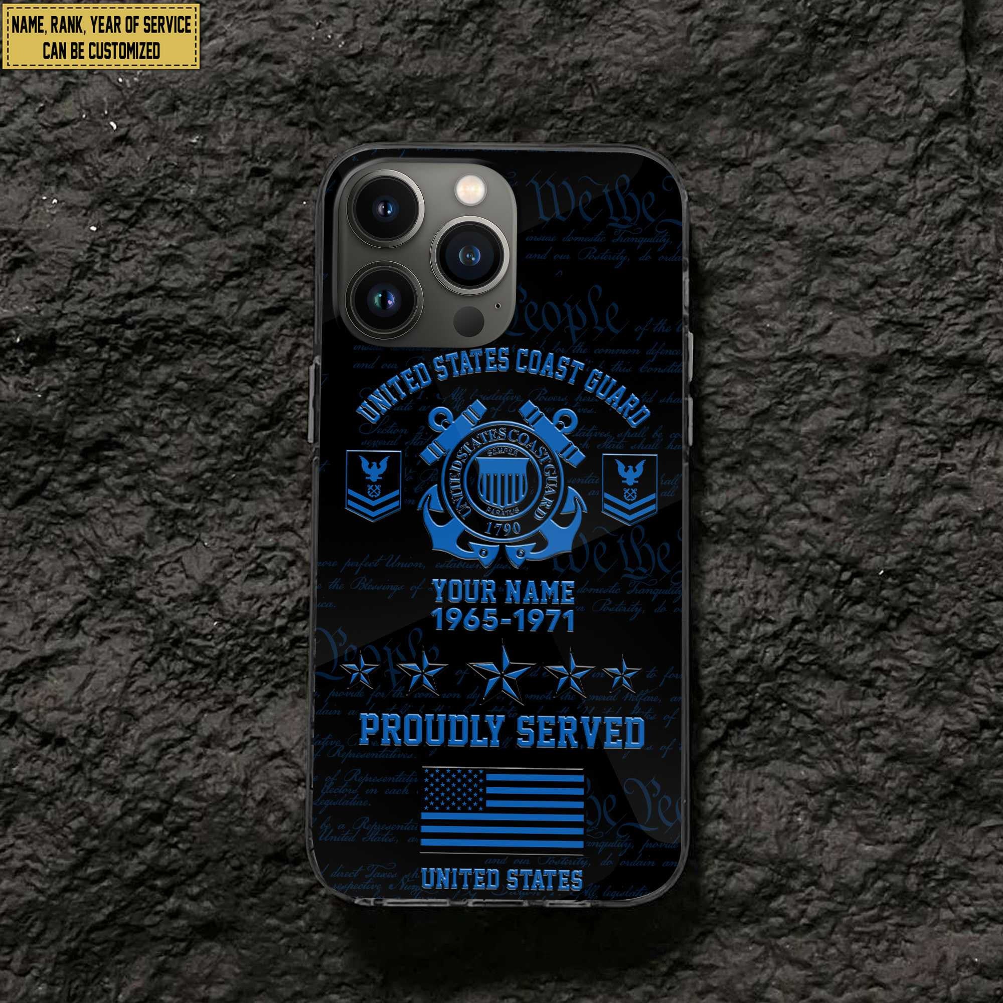 USCG Phone Case, Custom Name, Rank, Gifts For Dad, For Husband, Gifts For Coast Guard Veteran VPVC500405