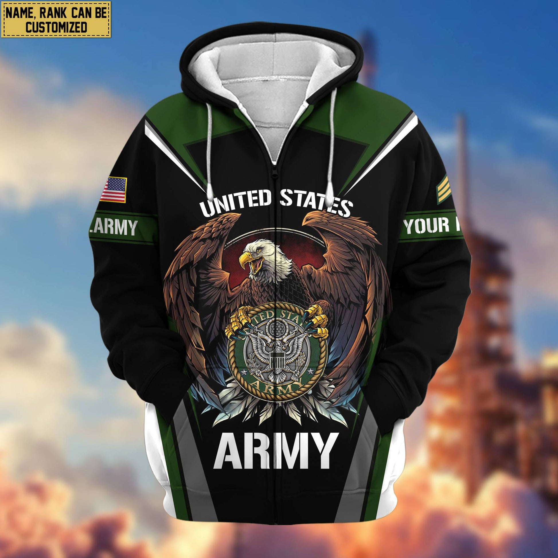 Premium US Army Zip Hoodie VPVC601701, Custom Name, Rank, Gifts For Army Veteran