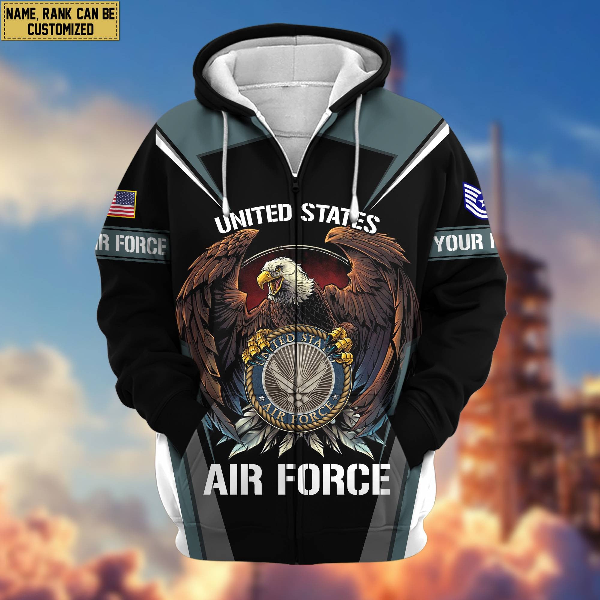 Premium USAF Zip Hoodie VPVC601704, Custom Name, Rank, Gifts For Air Force Veteran, Gifts For Veterans Day