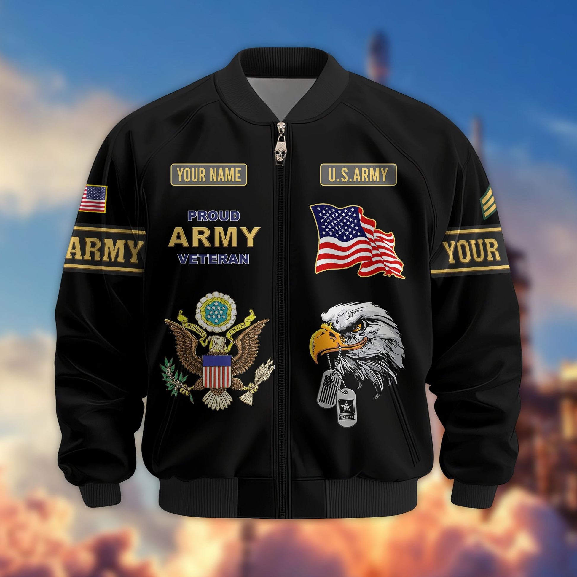 Premium US Army Veteran Bomber Jacket VPVC800701, Custom Name, Rank, Gifts For US Army Veteran