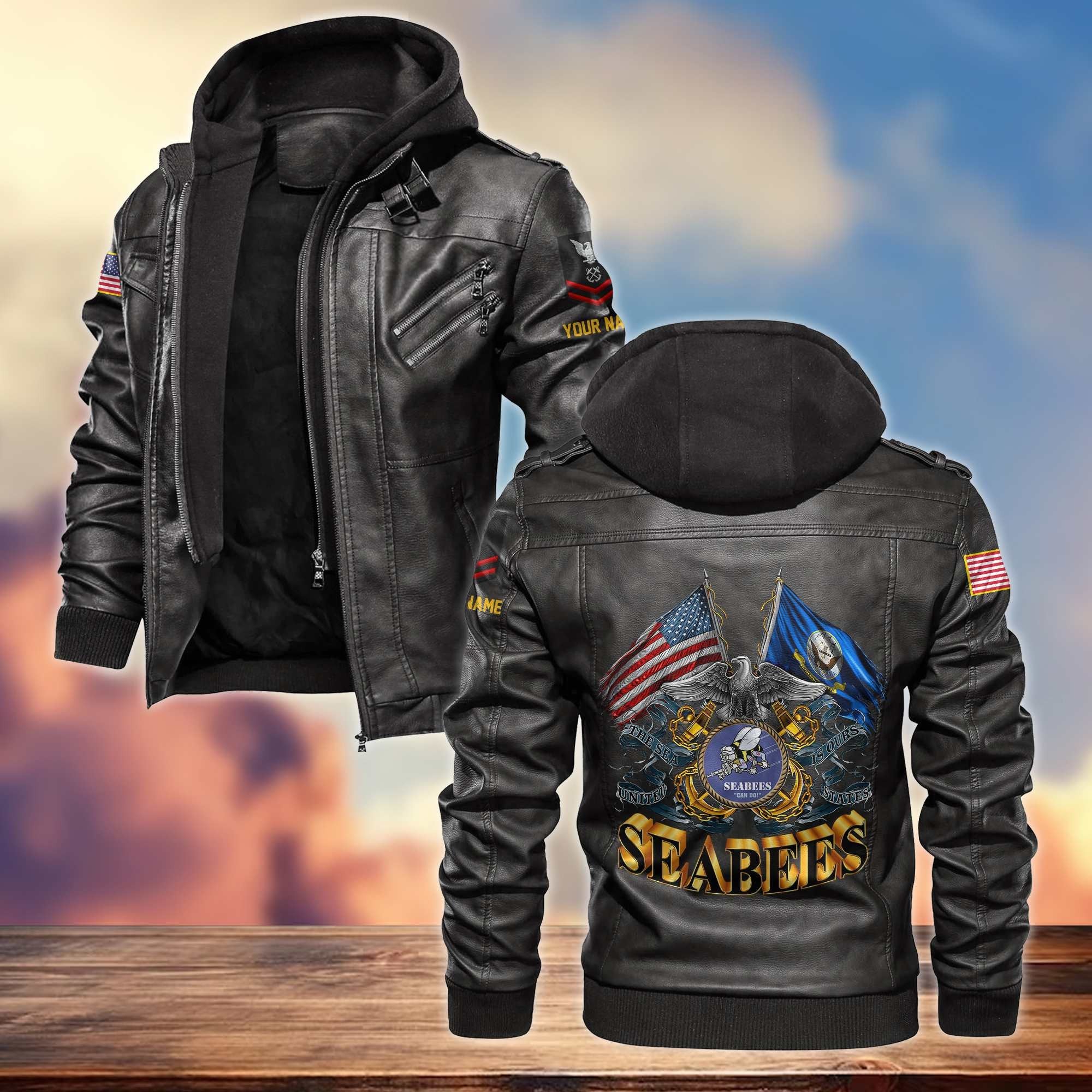 Premium US Seabees Veteran Leather Jacket VPVC700108, Custom Name, Rank, Gifts For Seabees Veteran