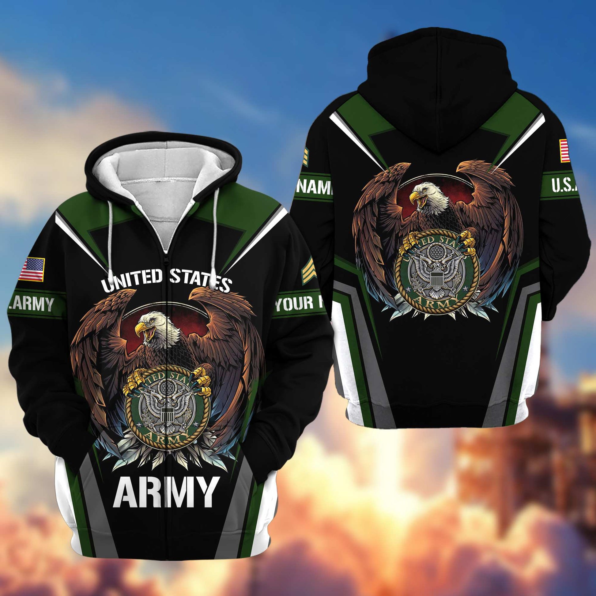 Premium US Army Zip Hoodie VPVC601701, Custom Name, Rank, Gifts For Army Veteran