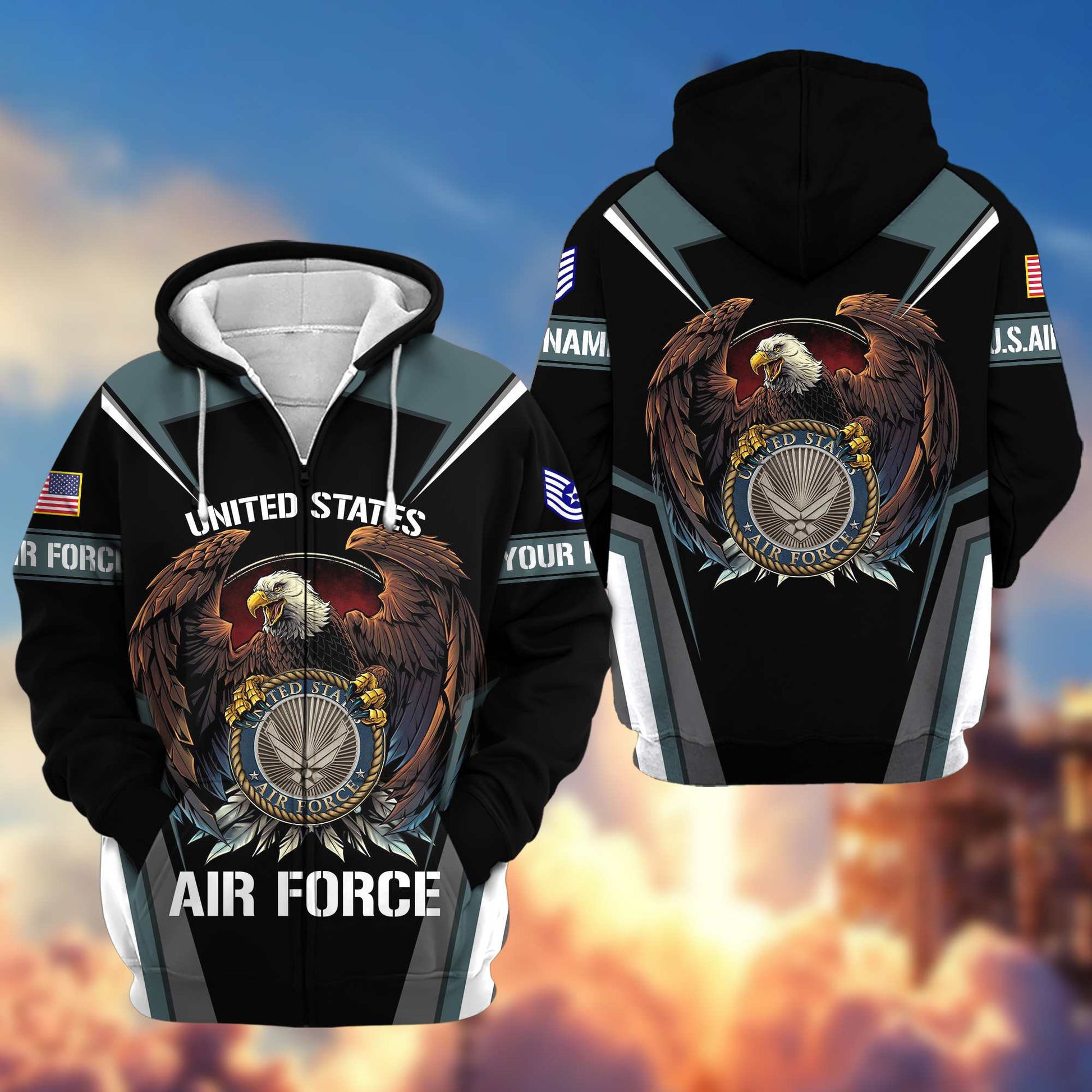 Premium USAF Zip Hoodie VPVC601704, Custom Name, Rank, Gifts For Air Force Veteran, Gifts For Veterans Day