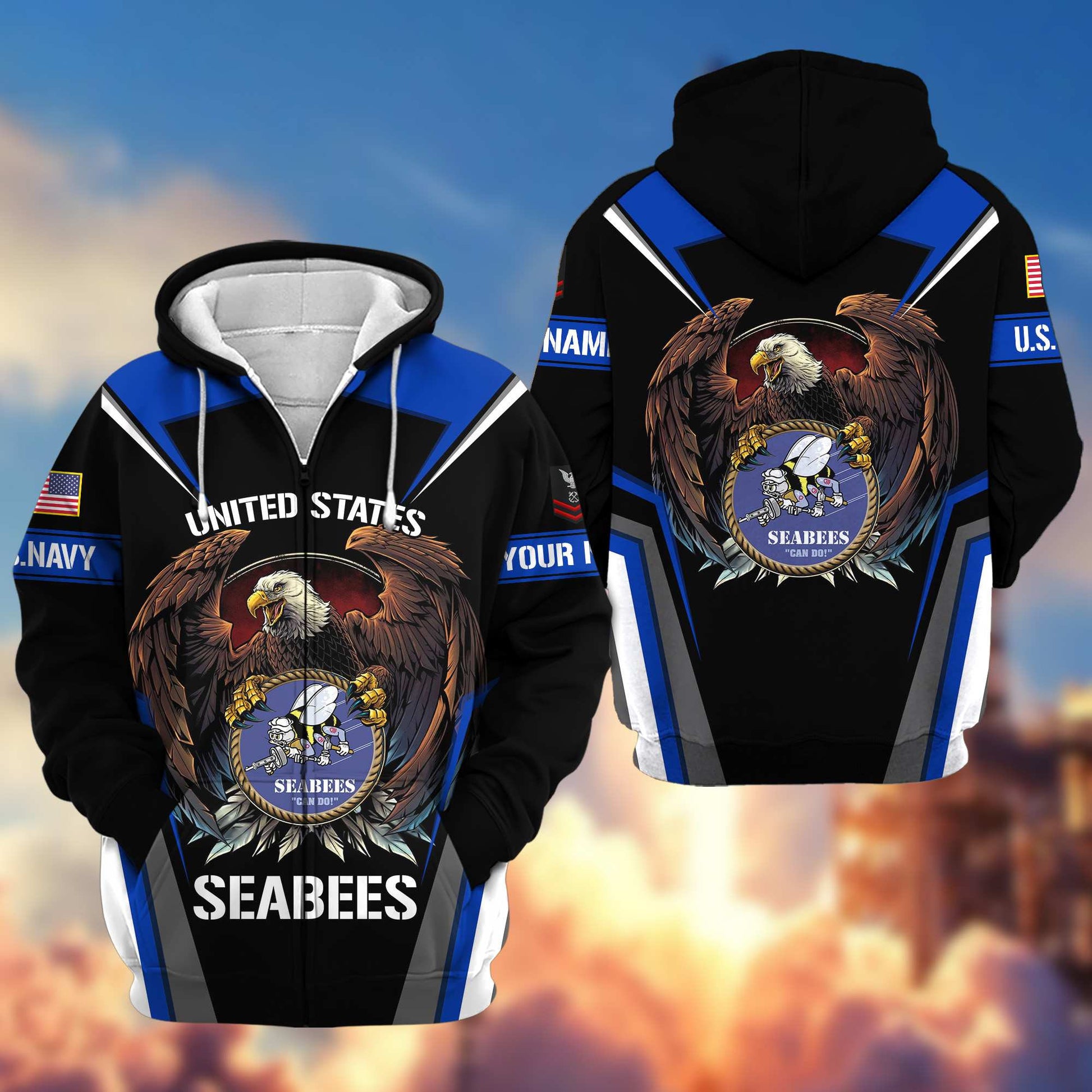 Premium US Seabees Zip Hoodie VPVC601709, Custom Name, Rank, Gifts For US Veterans