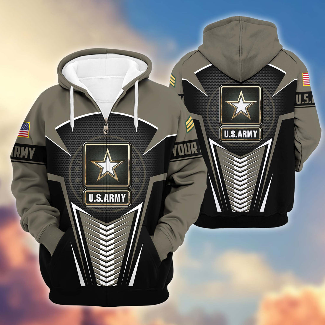 Premium US Army Zip Hoodie VPVC600801, Custom Name, Rank, Gifts For Army Veteran