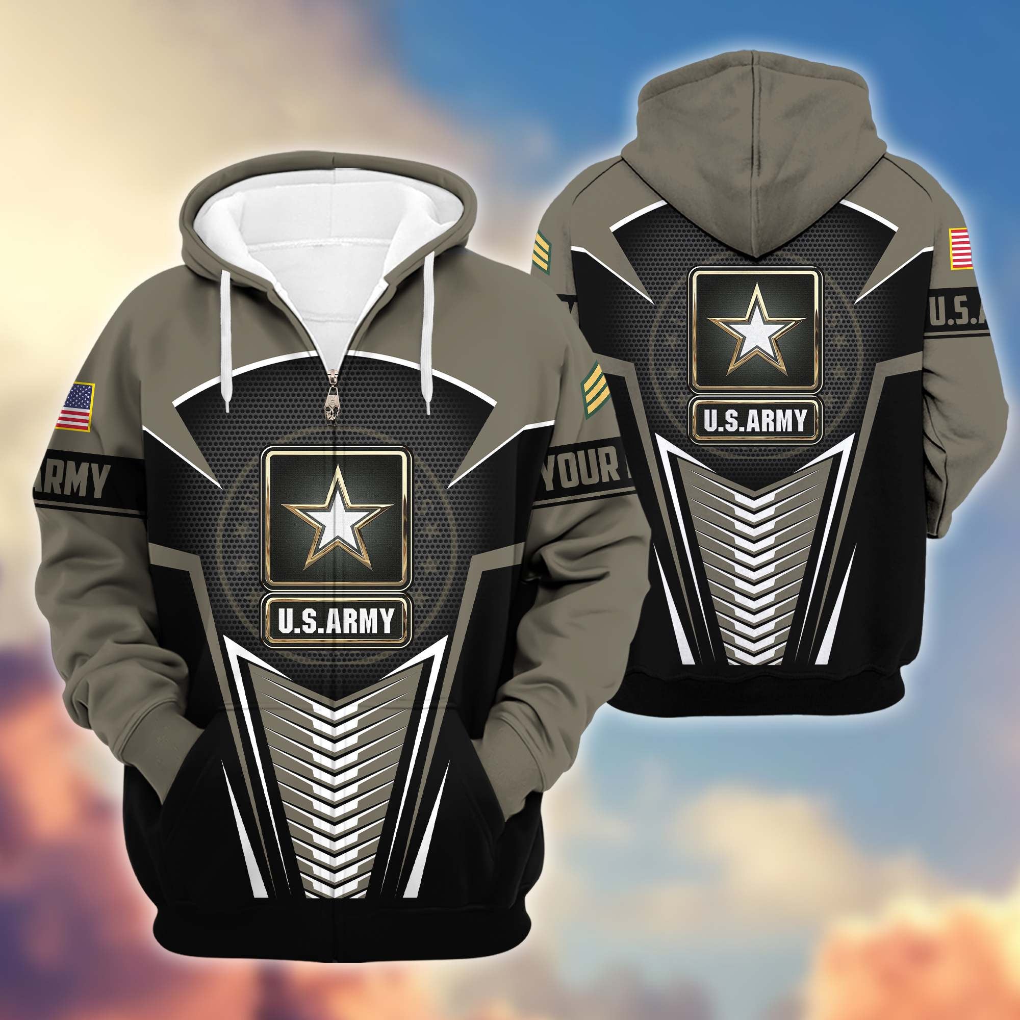 Premium US Army Zip Hoodie VPVC600801, Custom Name, Rank, Gifts For Army Veteran