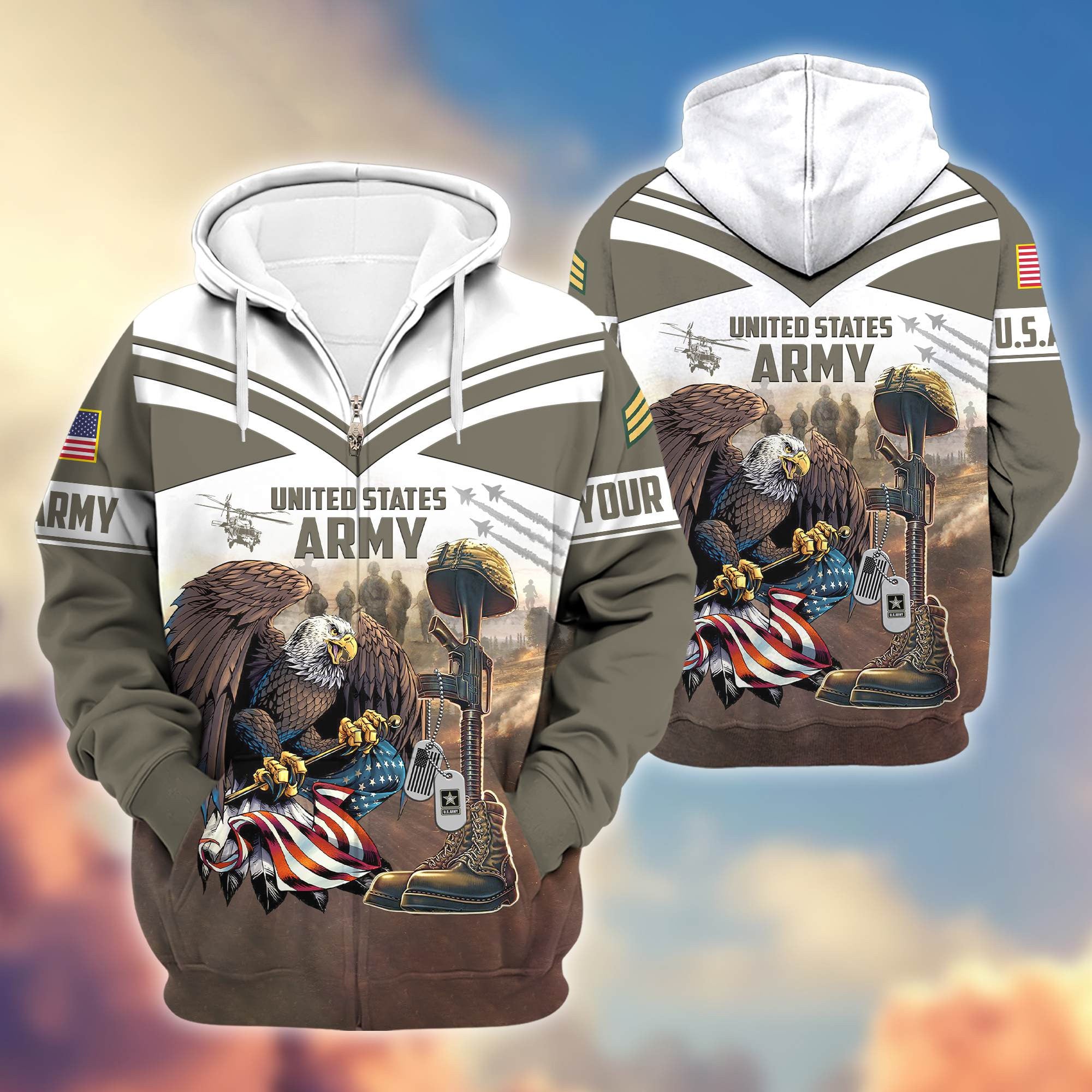 Premium US Army Zip Hoodie VPVC600601, Custom Name, Rank, Gifts For Army Veteran