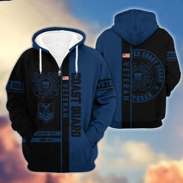 Premium USCG Zip Hoodie VPVC600305, Custom Name, Rank, Year Gifts For Coast Guard Veteran, Gifts For Veterans Day