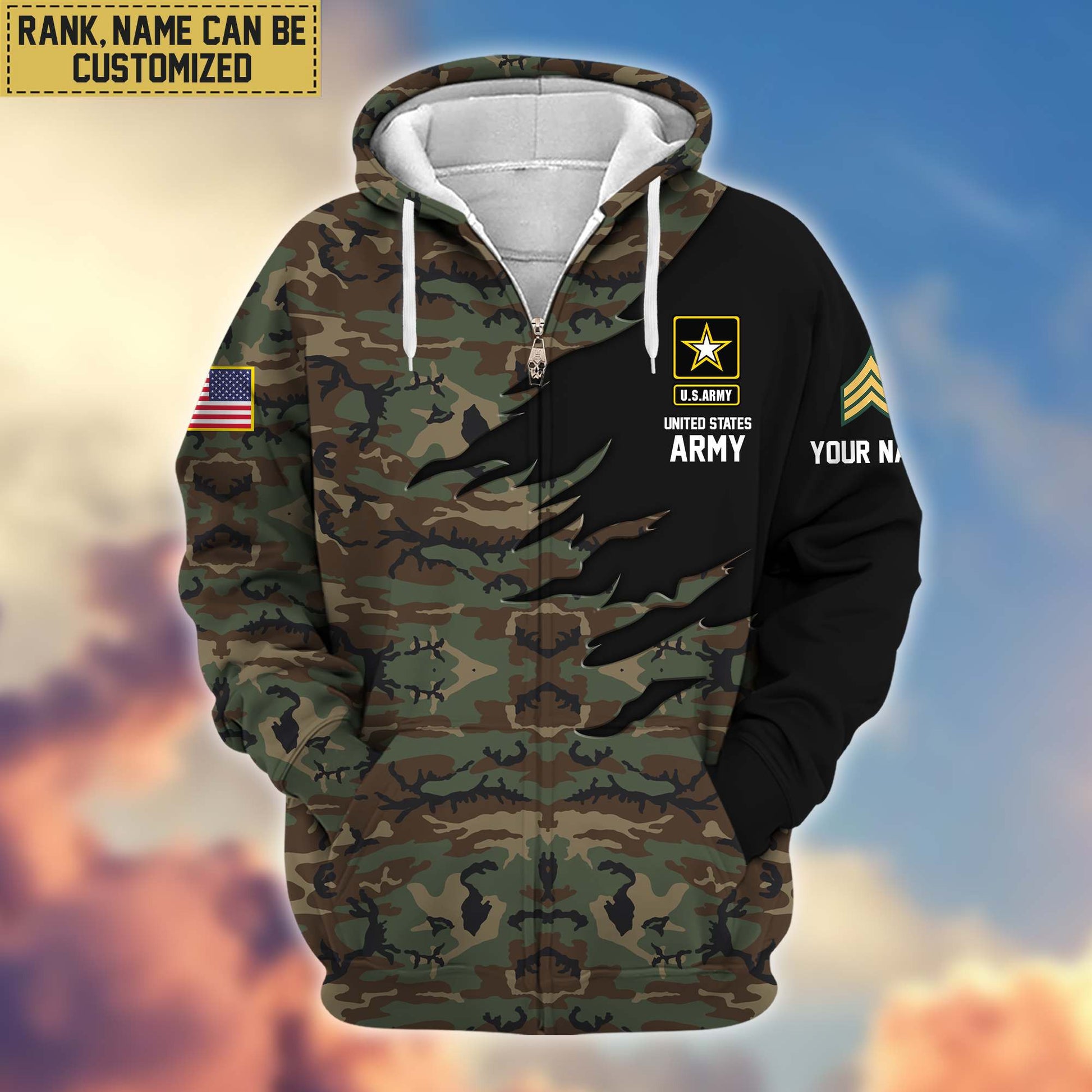 Premium Custom Name, Rank, US Army Veteran Zip Hoodie VPVC605910, Gifts For Army Veteran