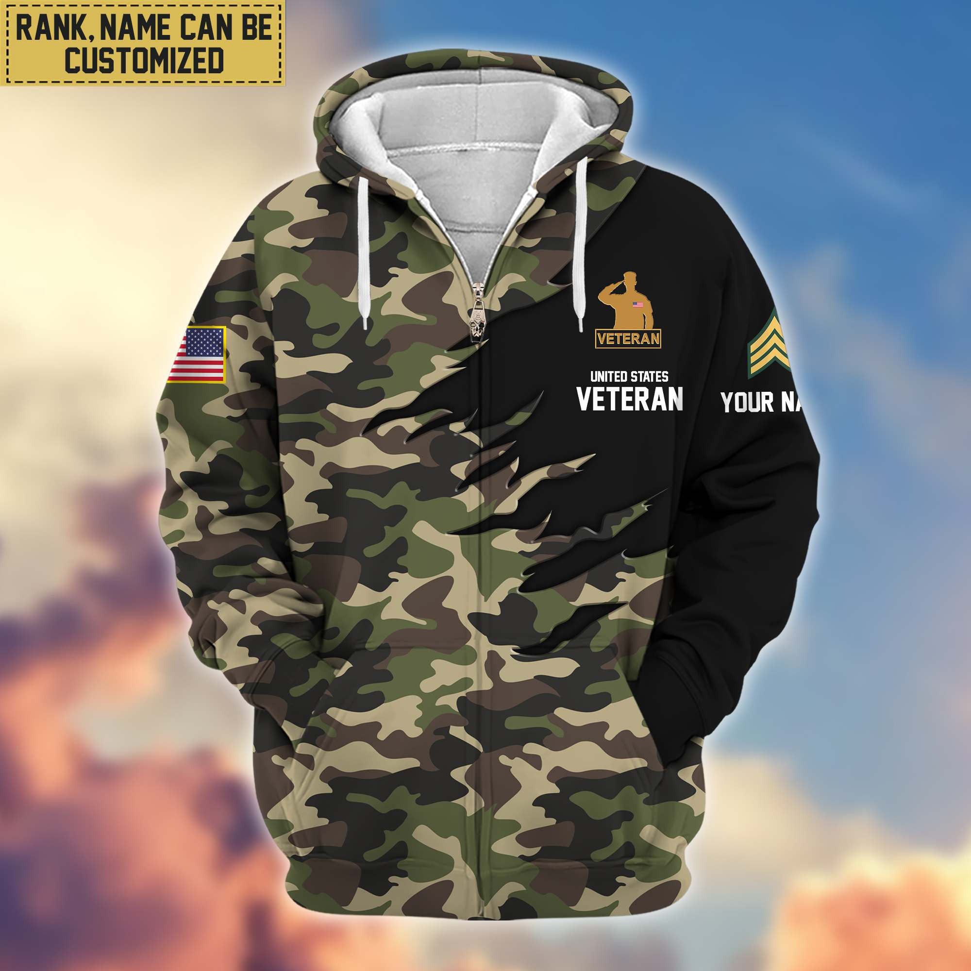 Premium Custom Name, Rank, US Veteran Zip Hoodie VPVC605907, Gifts For US Veterans