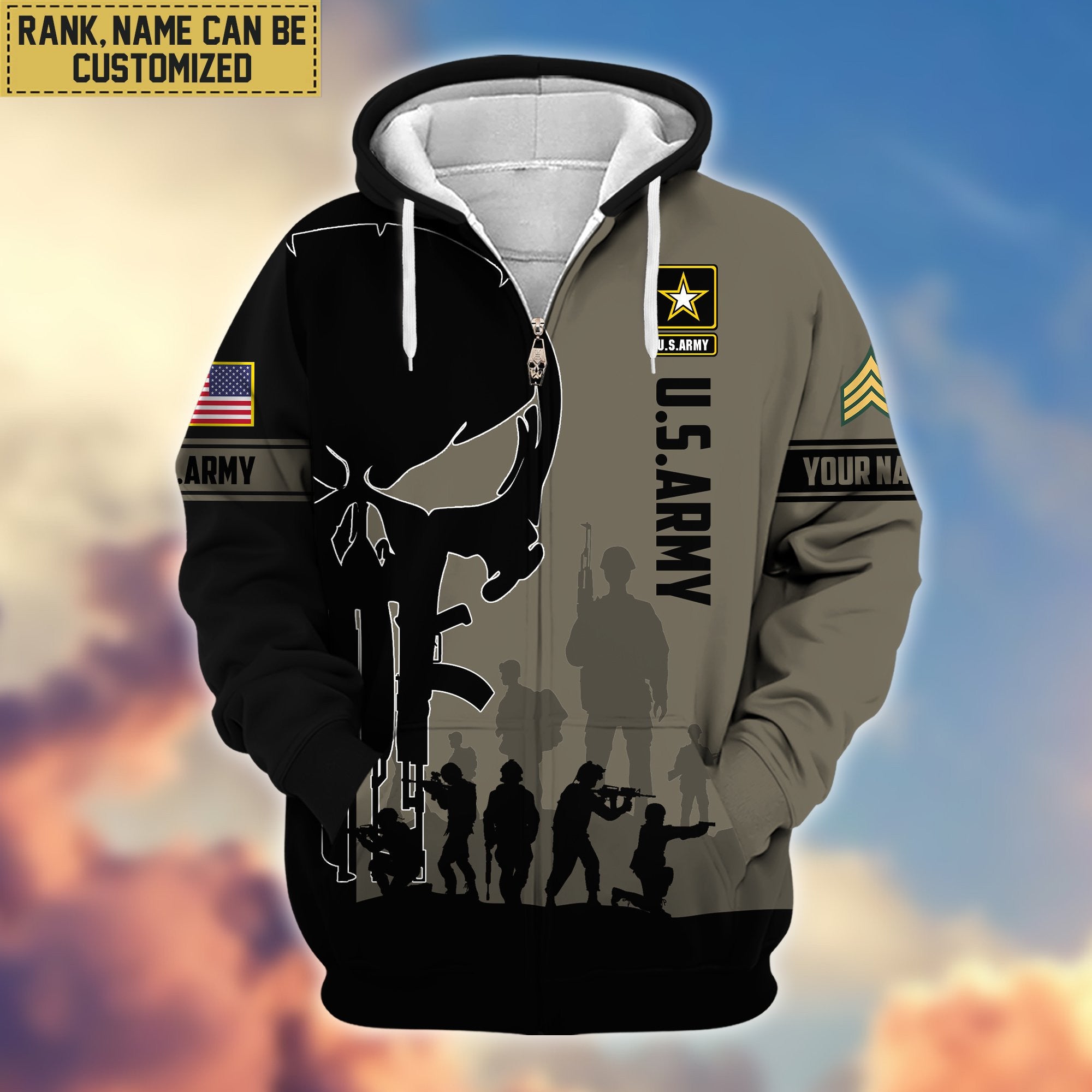 Premium Custom Name, Rank US Army Veteran Zip Hoodie VPVC606001, Gifts For Army Veteran