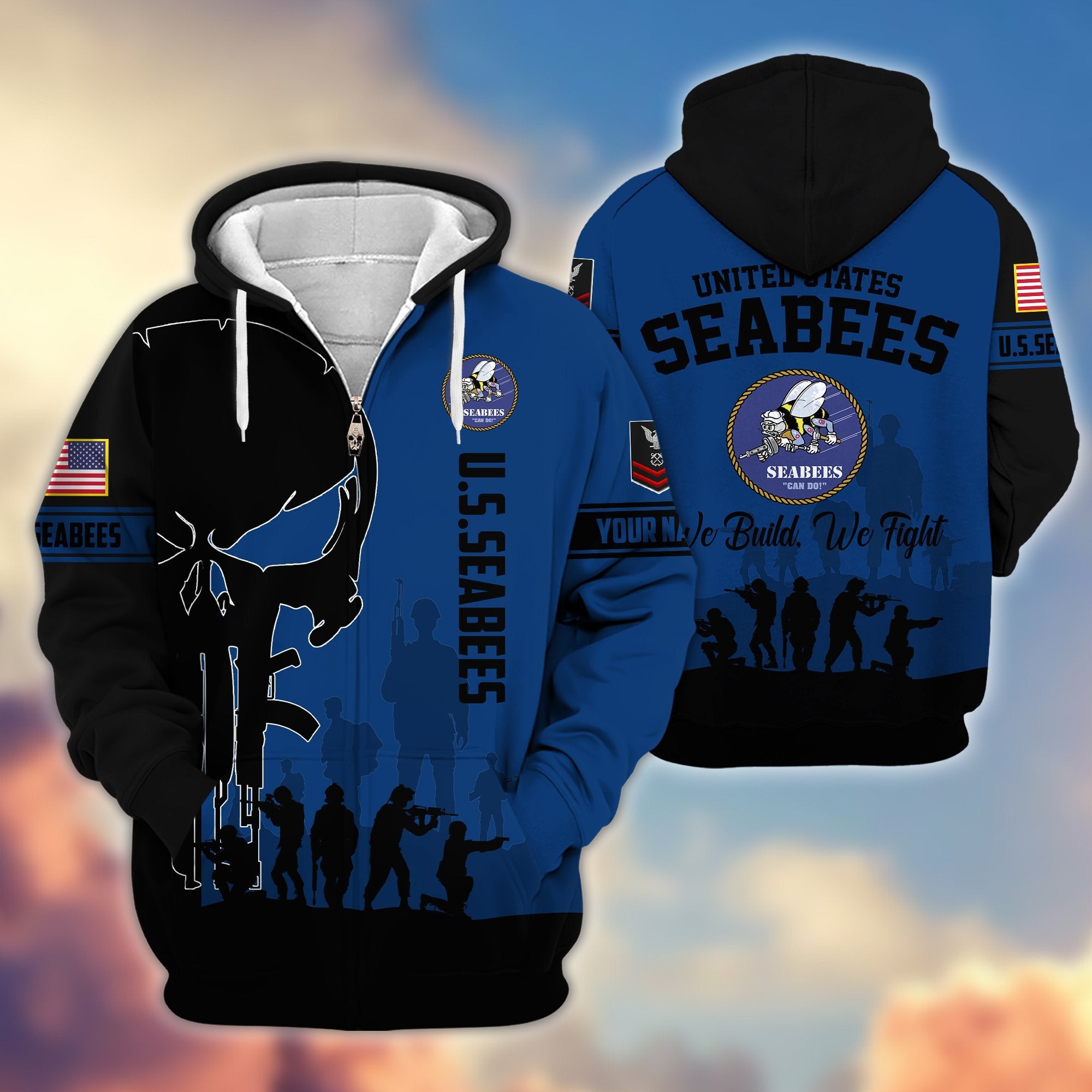 Premium Custom Name, Rank US Seabees Veteran Zip Hoodie VPVC606009, Gifts For Seabees Veteran