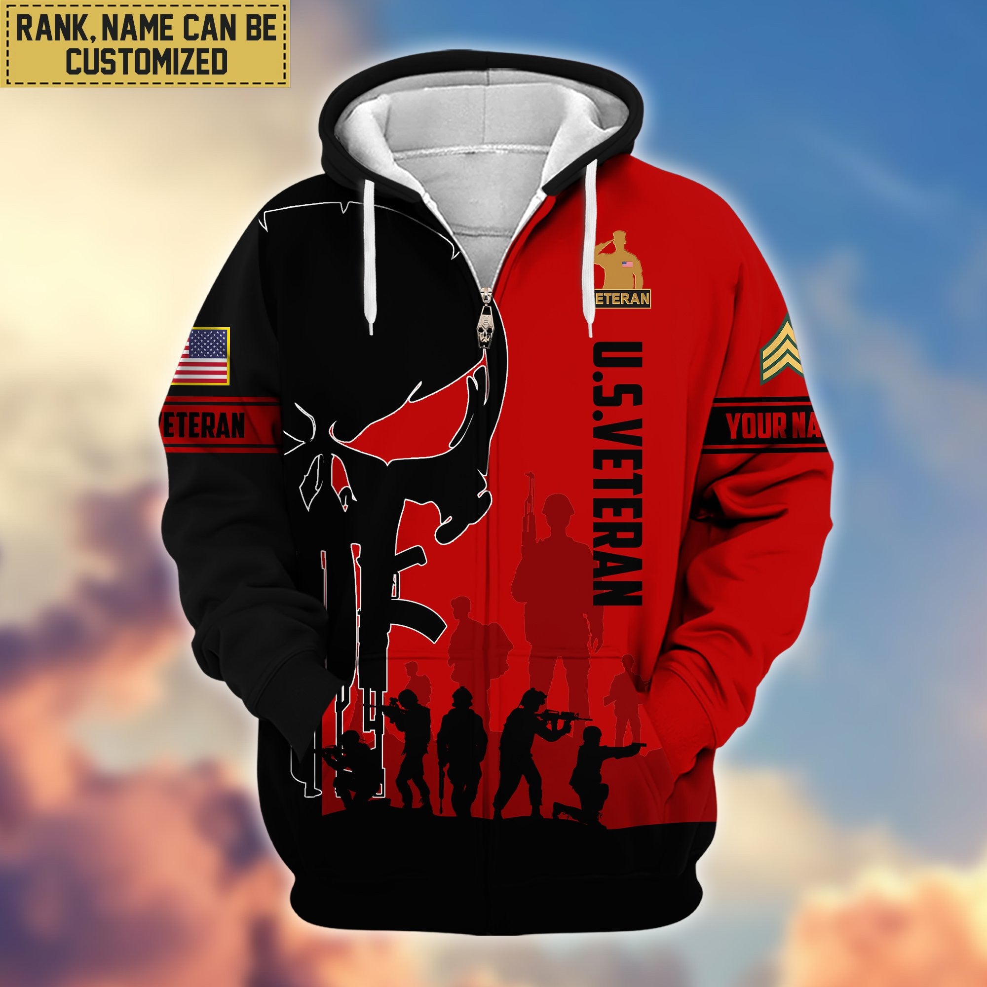 Premium Custom Name, Rank US Veteran Zip Hoodie VPVC606007, Gifts For US Veteran