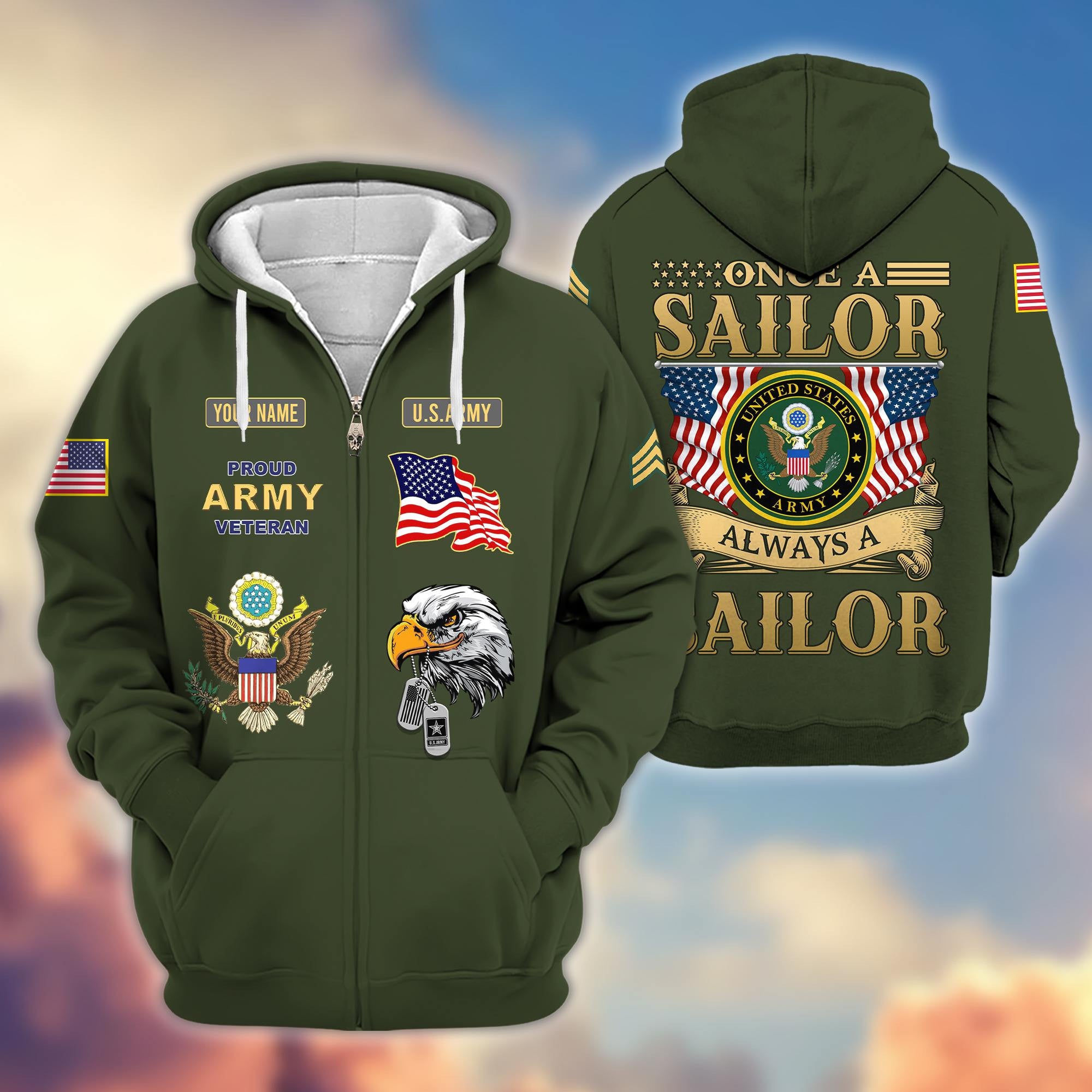 Premium Custom Name, Rank US Army Veteran Zip Hoodie VPVC606201, Gifts For Army Veteran