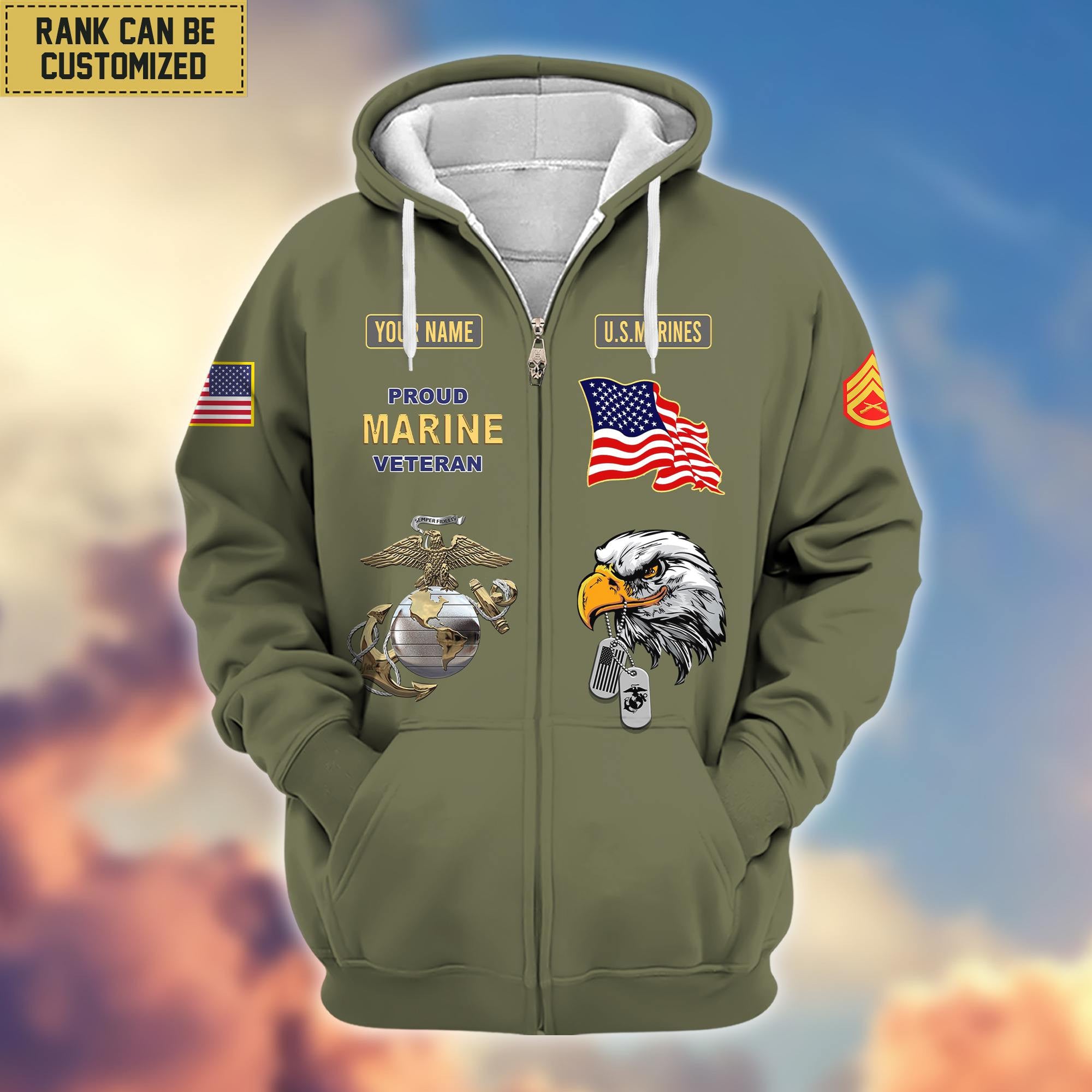Premium Custom Name, Rank USMC Veteran Zip Hoodie VPVC606203, Gifts For Marine Veteran